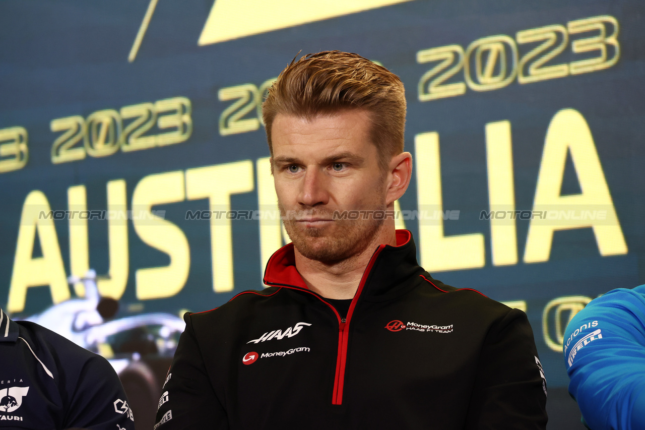 GP AUSTRALIA, Nico Hulkenberg (GER) Haas F1 Team in the FIA Press Conference.

30.03.2023. Formula 1 World Championship, Rd 3, Australian Grand Prix, Albert Park, Melbourne, Australia, Preparation Day.

- www.xpbimages.com, EMail: requests@xpbimages.com ¬© Copyright: Moy / XPB Images