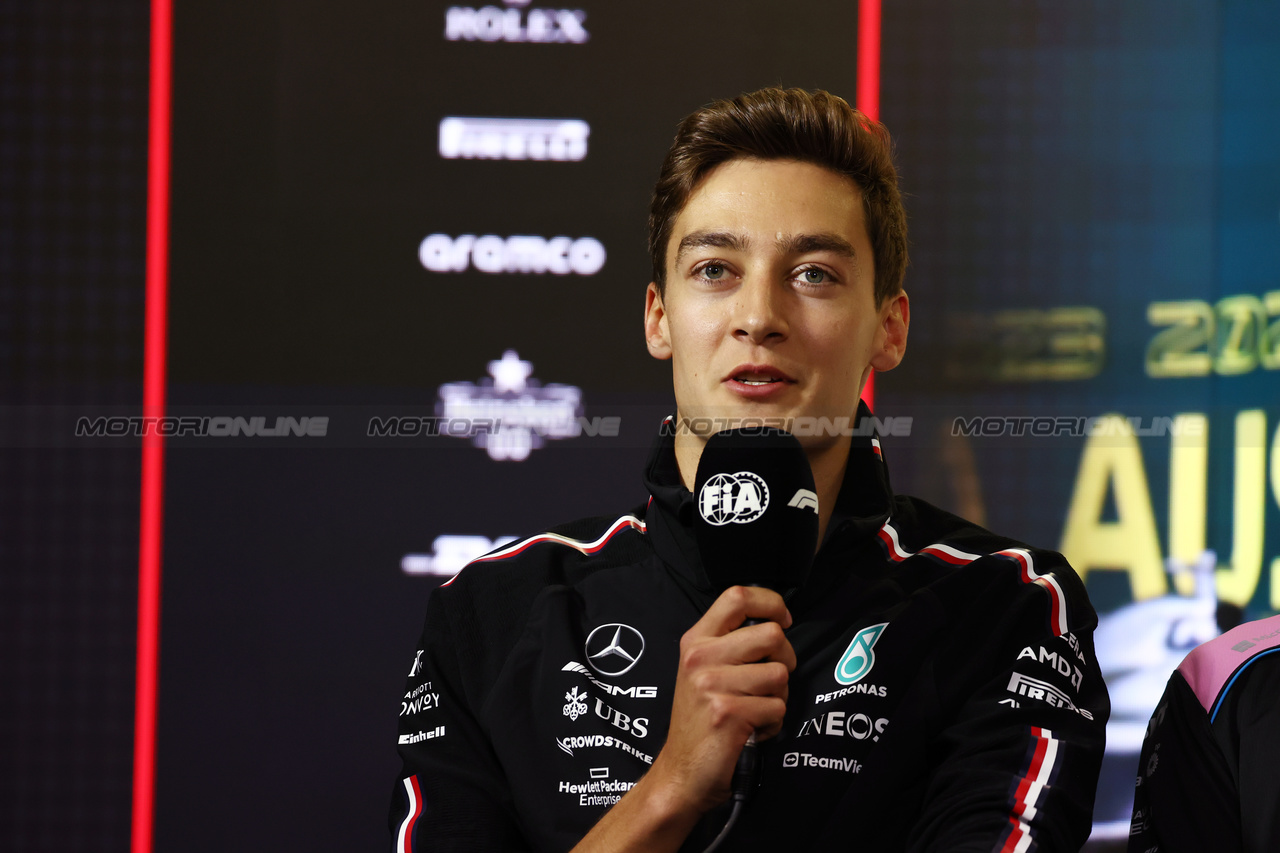 GP AUSTRALIA, George Russell (GBR) Mercedes AMG F1 in the FIA Press Conference.

30.03.2023. Formula 1 World Championship, Rd 3, Australian Grand Prix, Albert Park, Melbourne, Australia, Preparation Day.

- www.xpbimages.com, EMail: requests@xpbimages.com ¬© Copyright: Moy / XPB Images