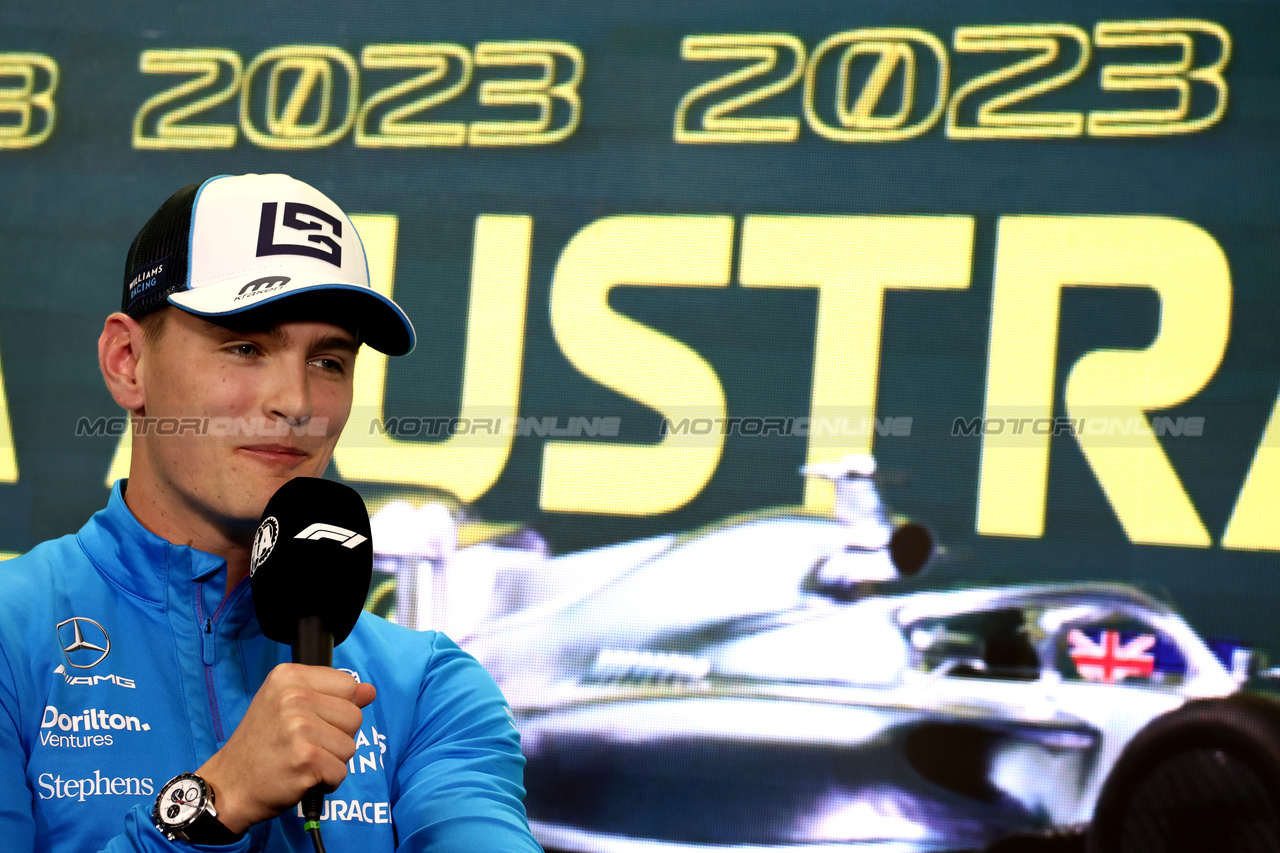 GP AUSTRALIA, Logan Sargeant (USA) Williams Racing in the FIA Press Conference.

30.03.2023. Formula 1 World Championship, Rd 3, Australian Grand Prix, Albert Park, Melbourne, Australia, Preparation Day.

- www.xpbimages.com, EMail: requests@xpbimages.com ¬© Copyright: Moy / XPB Images