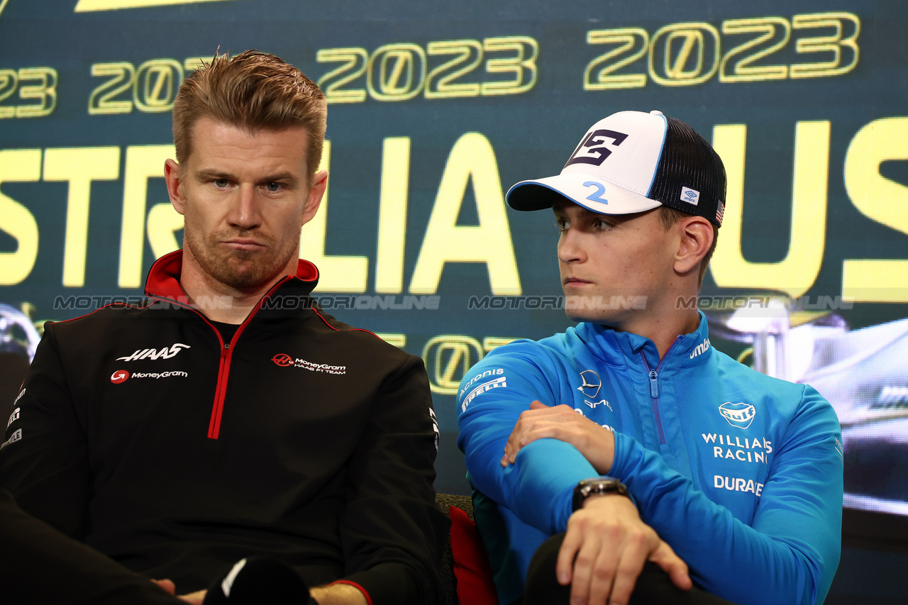 GP AUSTRALIA, (L to R): Nico Hulkenberg (GER) Haas F1 Team e Logan Sargeant (USA) Williams Racing in the FIA Press Conference.

30.03.2023. Formula 1 World Championship, Rd 3, Australian Grand Prix, Albert Park, Melbourne, Australia, Preparation Day.

- www.xpbimages.com, EMail: requests@xpbimages.com ¬© Copyright: Moy / XPB Images
