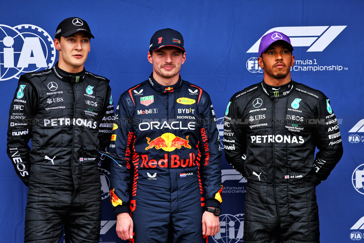 GP AUSTRALIA, Qualifiche top three in parc ferme George Russell (GBR) Mercedes AMG F1, second; Max Verstappen (NLD) Red Bull Racing, pole position; Lewis Hamilton (GBR) Mercedes AMG F1, third.

01.04.2023. Formula 1 World Championship, Rd 3, Australian Grand Prix, Albert Park, Melbourne, Australia, Qualifiche Day.

- www.xpbimages.com, EMail: requests@xpbimages.com ¬© Copyright: Batchelor / XPB Images