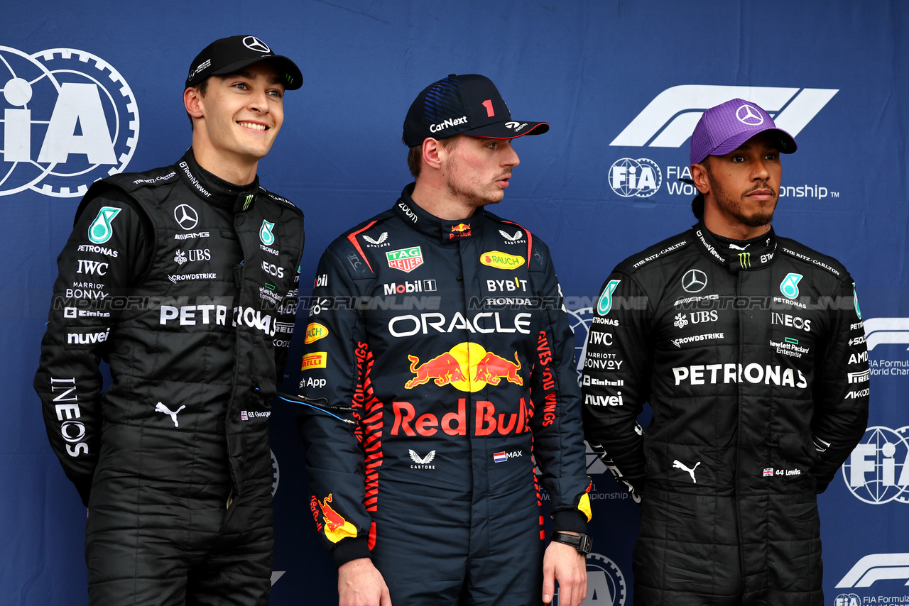 GP AUSTRALIA, Qualifiche top three in parc ferme George Russell (GBR) Mercedes AMG F1, second; Max Verstappen (NLD) Red Bull Racing, pole position; Lewis Hamilton (GBR) Mercedes AMG F1, third.

01.04.2023. Formula 1 World Championship, Rd 3, Australian Grand Prix, Albert Park, Melbourne, Australia, Qualifiche Day.

- www.xpbimages.com, EMail: requests@xpbimages.com ¬© Copyright: Moy / XPB Images