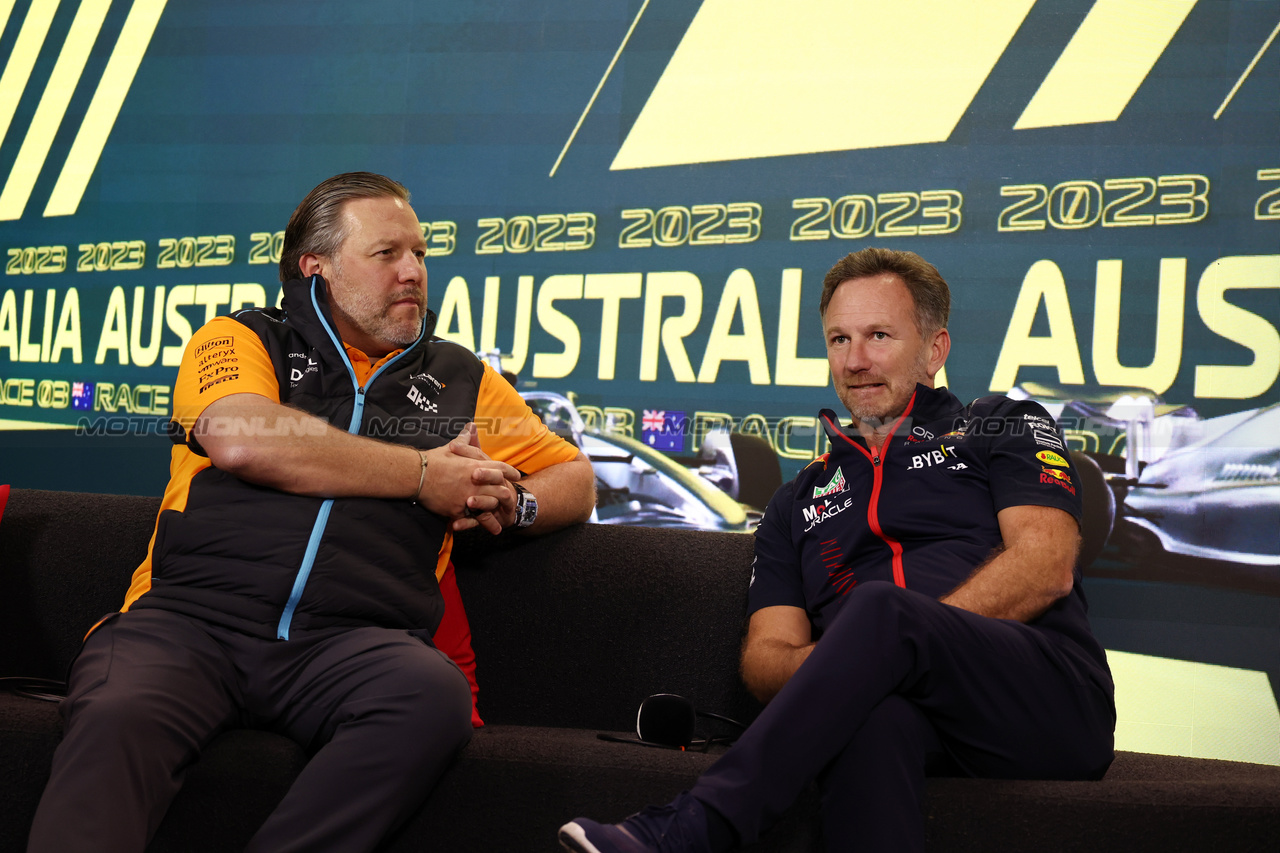 GP AUSTRALIA, (L to R): Zak Brown (USA) McLaren Executive Director e Christian Horner (GBR) Red Bull Racing Team Principal in the FIA Press Conference.

31.03.2023. Formula 1 World Championship, Rd 3, Australian Grand Prix, Albert Park, Melbourne, Australia, Practice Day.

- www.xpbimages.com, EMail: requests@xpbimages.com ¬© Copyright: Moy / XPB Images