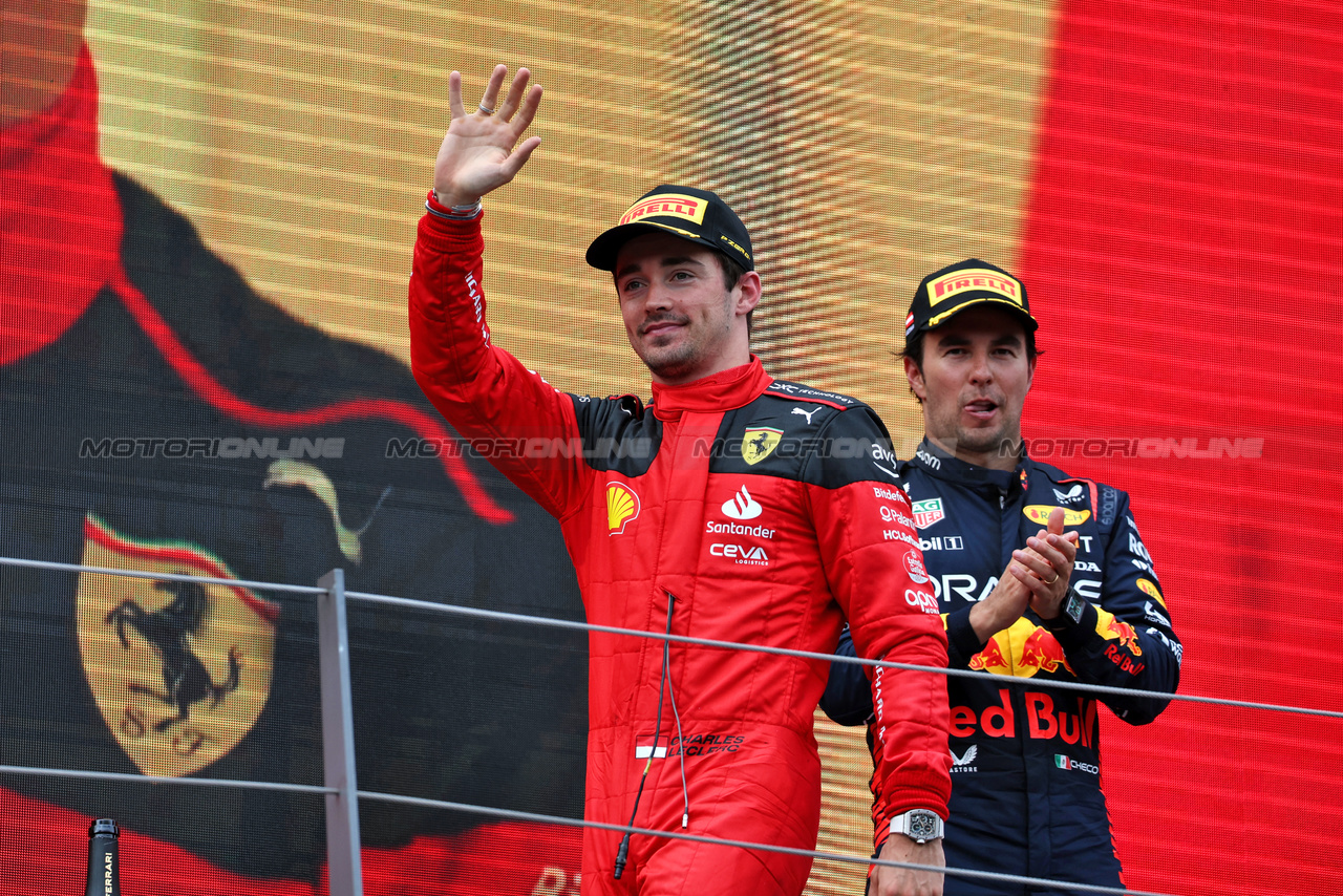 GP AUSTRIA, Charles Leclerc (MON) Ferrari celebrates his second position on the podium.

02.07.2023. Formula 1 World Championship, Rd 10, Austrian Grand Prix, Spielberg, Austria, Gara Day.

- www.xpbimages.com, EMail: requests@xpbimages.com © Copyright: Moy / XPB Images