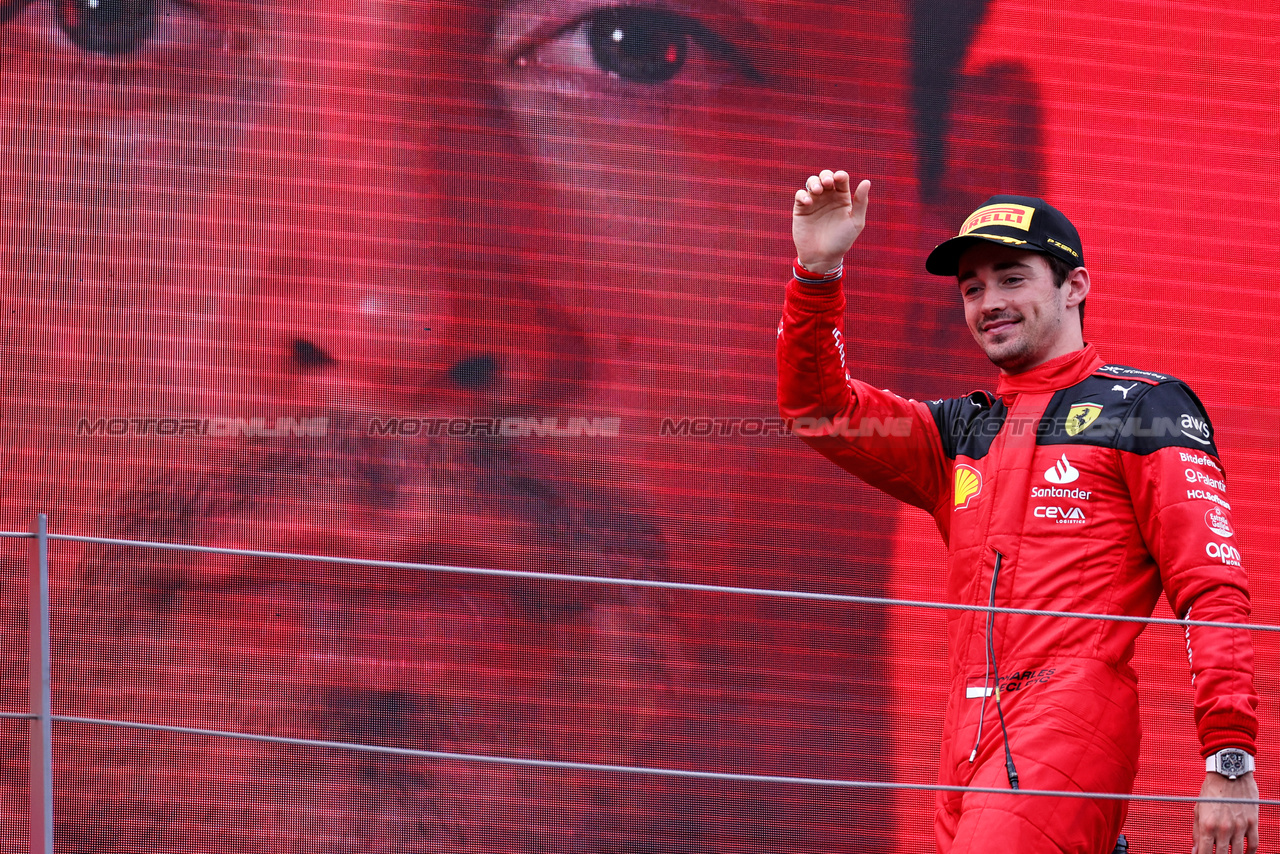 GP AUSTRIA, Charles Leclerc (MON) Ferrari celebrates his second position on the podium.

02.07.2023. Formula 1 World Championship, Rd 10, Austrian Grand Prix, Spielberg, Austria, Gara Day.

- www.xpbimages.com, EMail: requests@xpbimages.com © Copyright: Moy / XPB Images