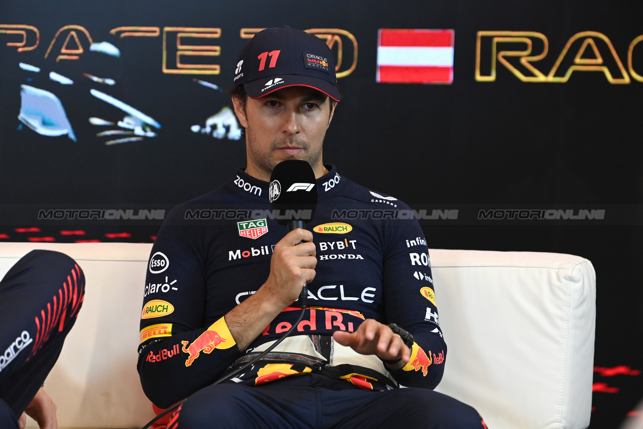 GP AUSTRIA, Sergio Perez (MEX) Red Bull Racing in the post race FIA Press Conference.

02.07.2023. Formula 1 World Championship, Rd 10, Austrian Grand Prix, Spielberg, Austria, Gara Day.

- www.xpbimages.com, EMail: requests@xpbimages.com © Copyright: XPB Images