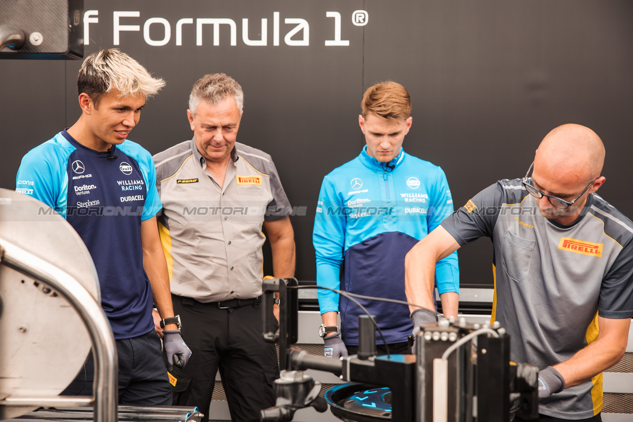 GP AUSTRIA, (L to R): Alexander Albon (THA) Williams Racing with Mario Isola (ITA) Pirelli Racing Manager e Logan Sargeant (USA) Williams Racing.

29.06.2023. Formula 1 World Championship, Rd 10, Austrian Grand Prix, Spielberg, Austria, Preparation Day.

- www.xpbimages.com, EMail: requests@xpbimages.com © Copyright: Bearne / XPB Images