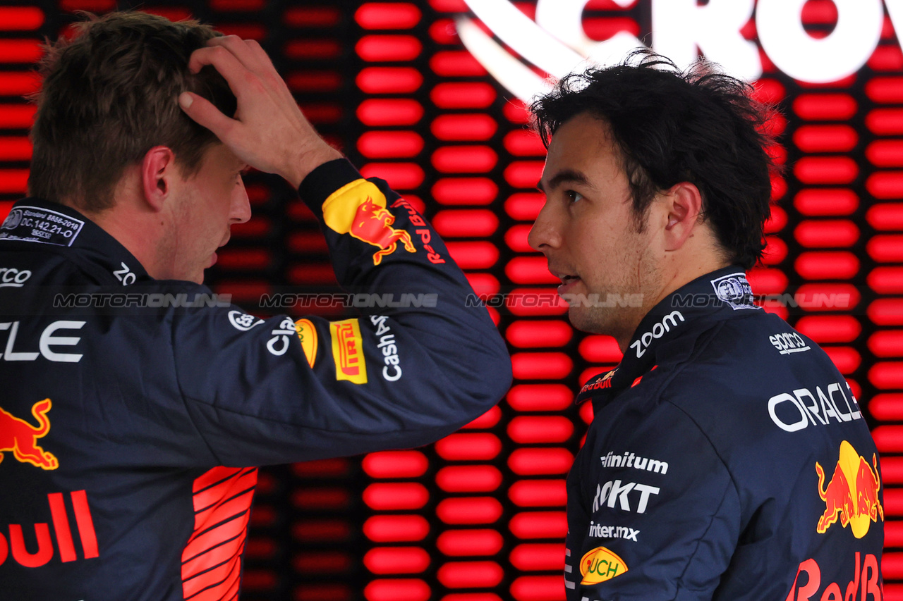GP AUSTRIA, (L to R): Sergio Perez (MEX) Red Bull Racing with team mate Sergio Perez (MEX) Red Bull Racing in Sprint Parc ferme.

01.07.2023. Formula 1 World Championship, Rd 10, Austrian Grand Prix, Spielberg, Austria, Sprint Day.

- www.xpbimages.com, EMail: requests@xpbimages.com © Copyright: Batchelor / XPB Images