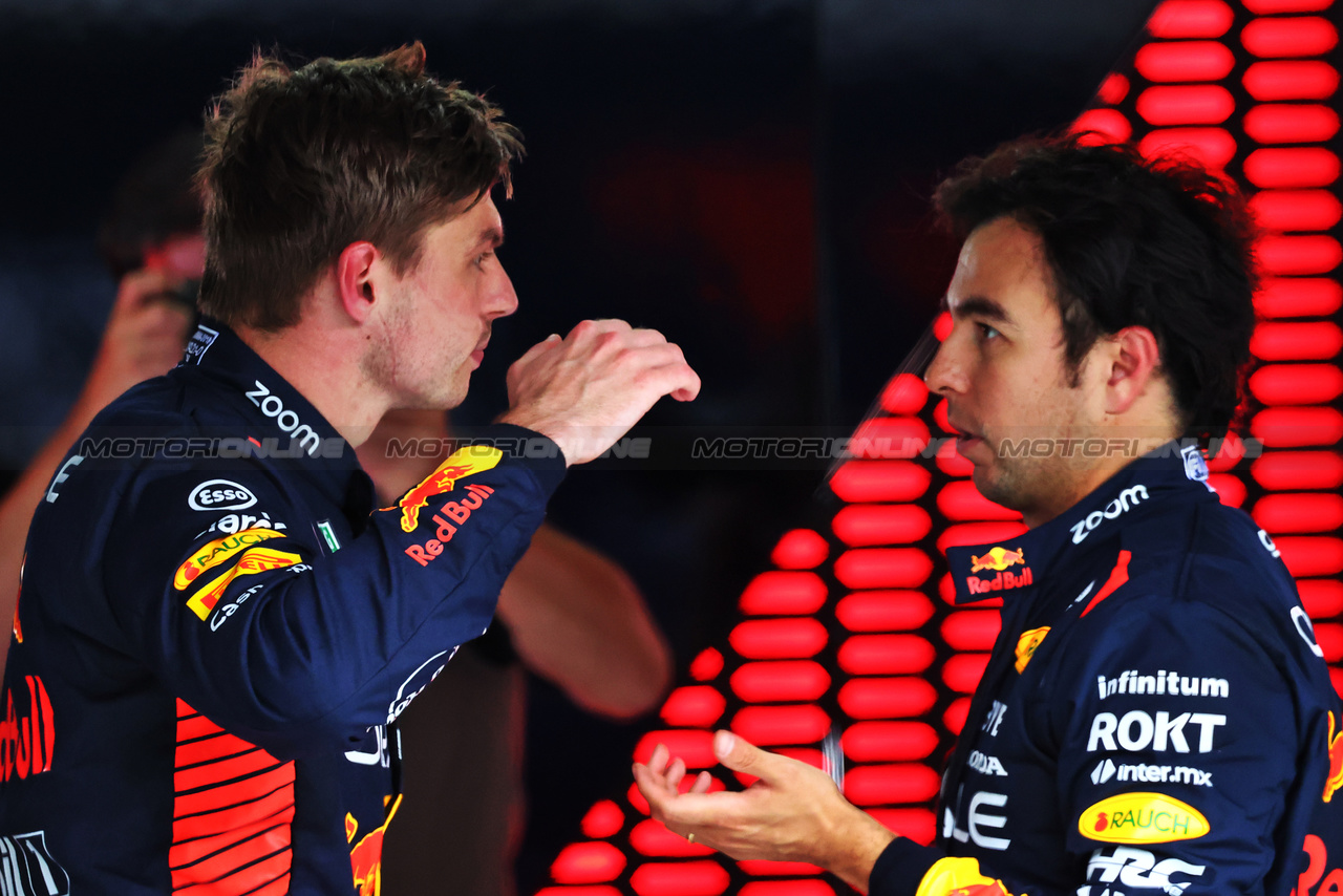 GP AUSTRIA, (L to R): Sergio Perez (MEX) Red Bull Racing with team mate Sergio Perez (MEX) Red Bull Racing in Sprint Parc ferme.

01.07.2023. Formula 1 World Championship, Rd 10, Austrian Grand Prix, Spielberg, Austria, Sprint Day.

- www.xpbimages.com, EMail: requests@xpbimages.com © Copyright: Batchelor / XPB Images
