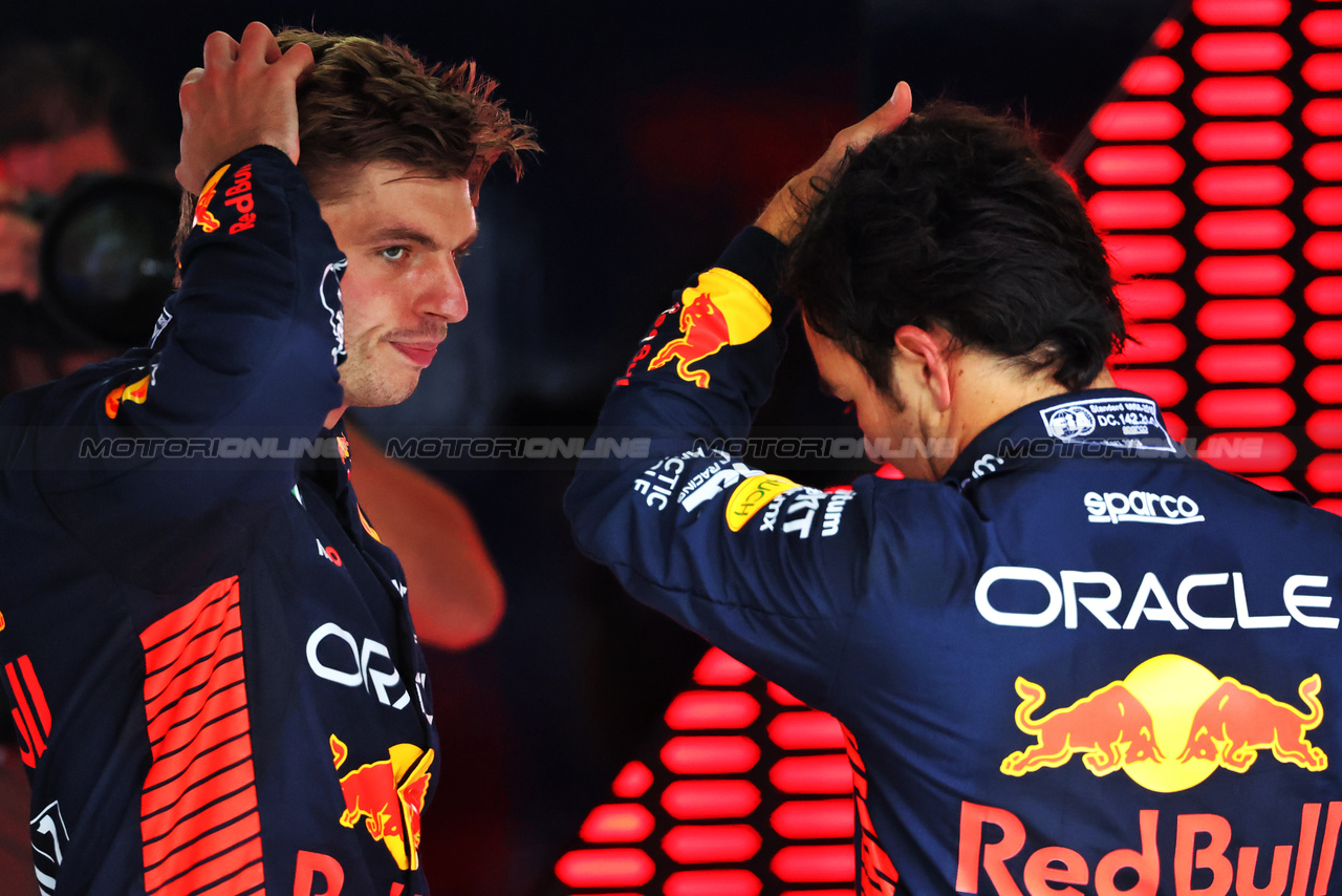 GP AUSTRIA, (L to R): Sergio Perez (MEX) Red Bull Racing with team mate Sergio Perez (MEX) Red Bull Racing in Sprint Parc ferme.

01.07.2023. Formula 1 World Championship, Rd 10, Austrian Grand Prix, Spielberg, Austria, Sprint Day.

- www.xpbimages.com, EMail: requests@xpbimages.com © Copyright: Batchelor / XPB Images
