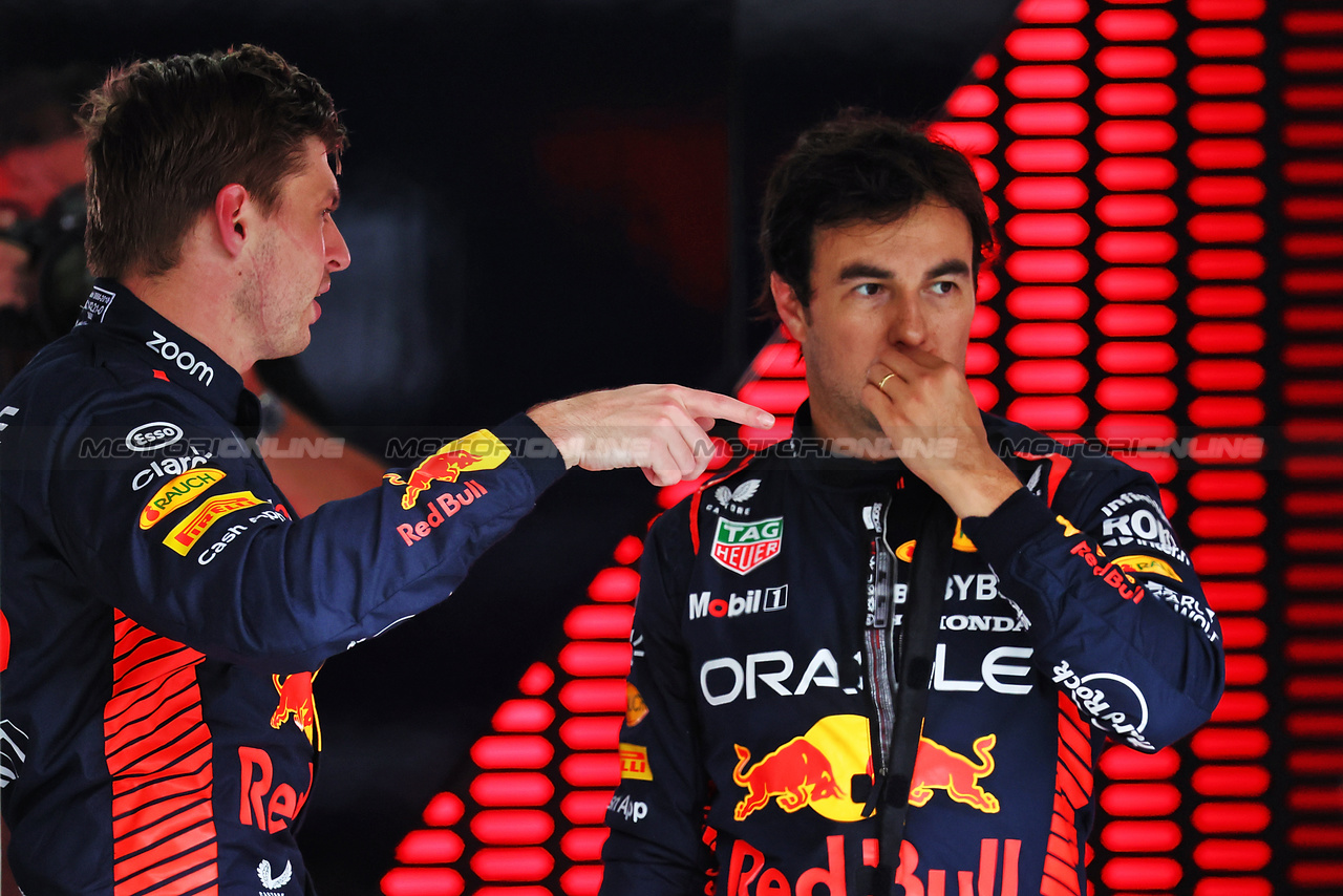 GP AUSTRIA, (L to R): Sergio Perez (MEX) Red Bull Racing with team mate Sergio Perez (MEX) Red Bull Racing in Sprint Parc ferme.

01.07.2023. Formula 1 World Championship, Rd 10, Austrian Grand Prix, Spielberg, Austria, Sprint Day.

- www.xpbimages.com, EMail: requests@xpbimages.com © Copyright: Batchelor / XPB Images