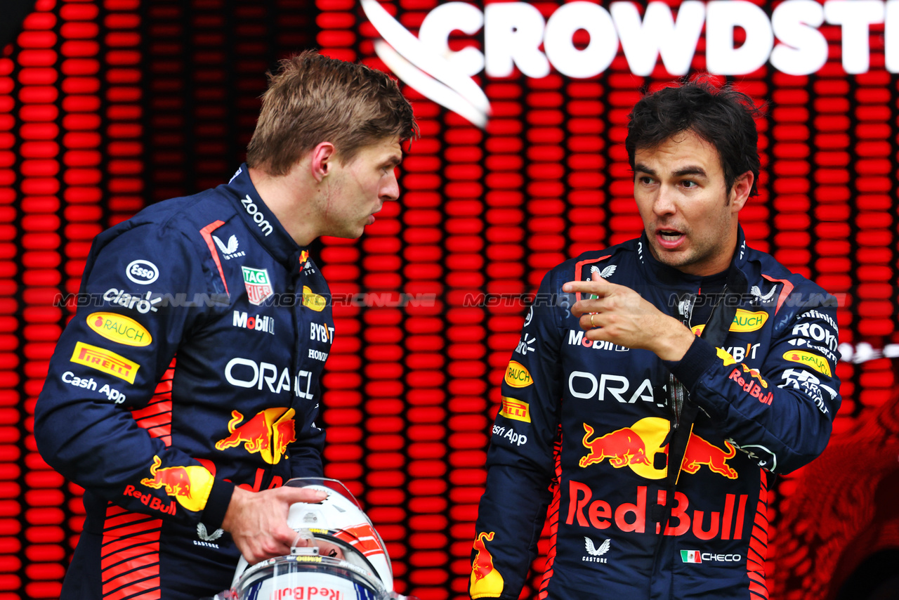 GP AUSTRIA, (L to R): Max Verstappen (NLD) Red Bull Racing with team mate Sergio Perez (MEX) Red Bull Racing in Sprint parc ferme.

01.07.2023. Formula 1 World Championship, Rd 10, Austrian Grand Prix, Spielberg, Austria, Sprint Day.

- www.xpbimages.com, EMail: requests@xpbimages.com © Copyright: Batchelor / XPB Images