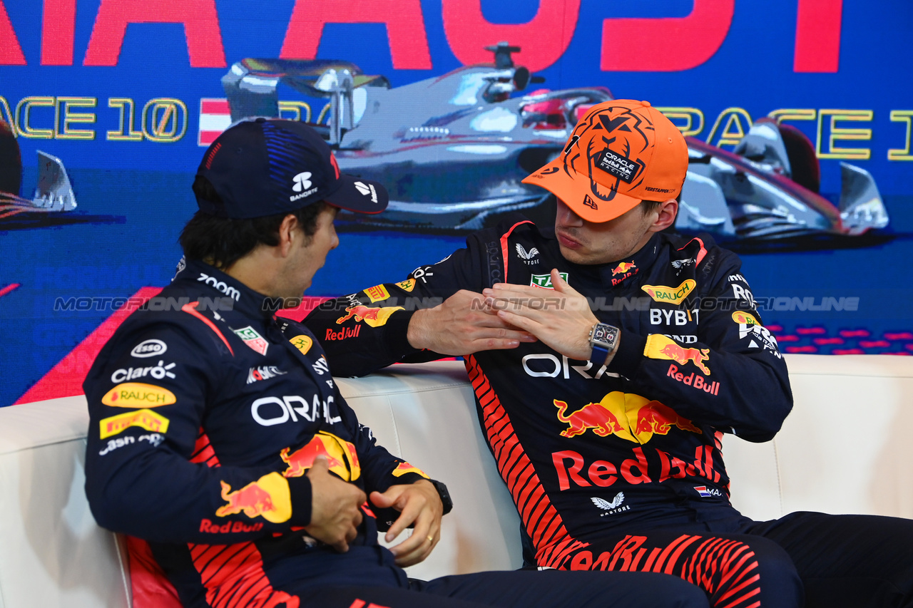 GP AUSTRIA, (L to R): Sergio Perez (MEX) Red Bull Racing e team mate Max Verstappen (NLD) Red Bull Racing in the post Sprint FIA Press Conference.

01.07.2023. Formula 1 World Championship, Rd 10, Austrian Grand Prix, Spielberg, Austria, Sprint Day.

- www.xpbimages.com, EMail: requests@xpbimages.com © Copyright: XPB Images