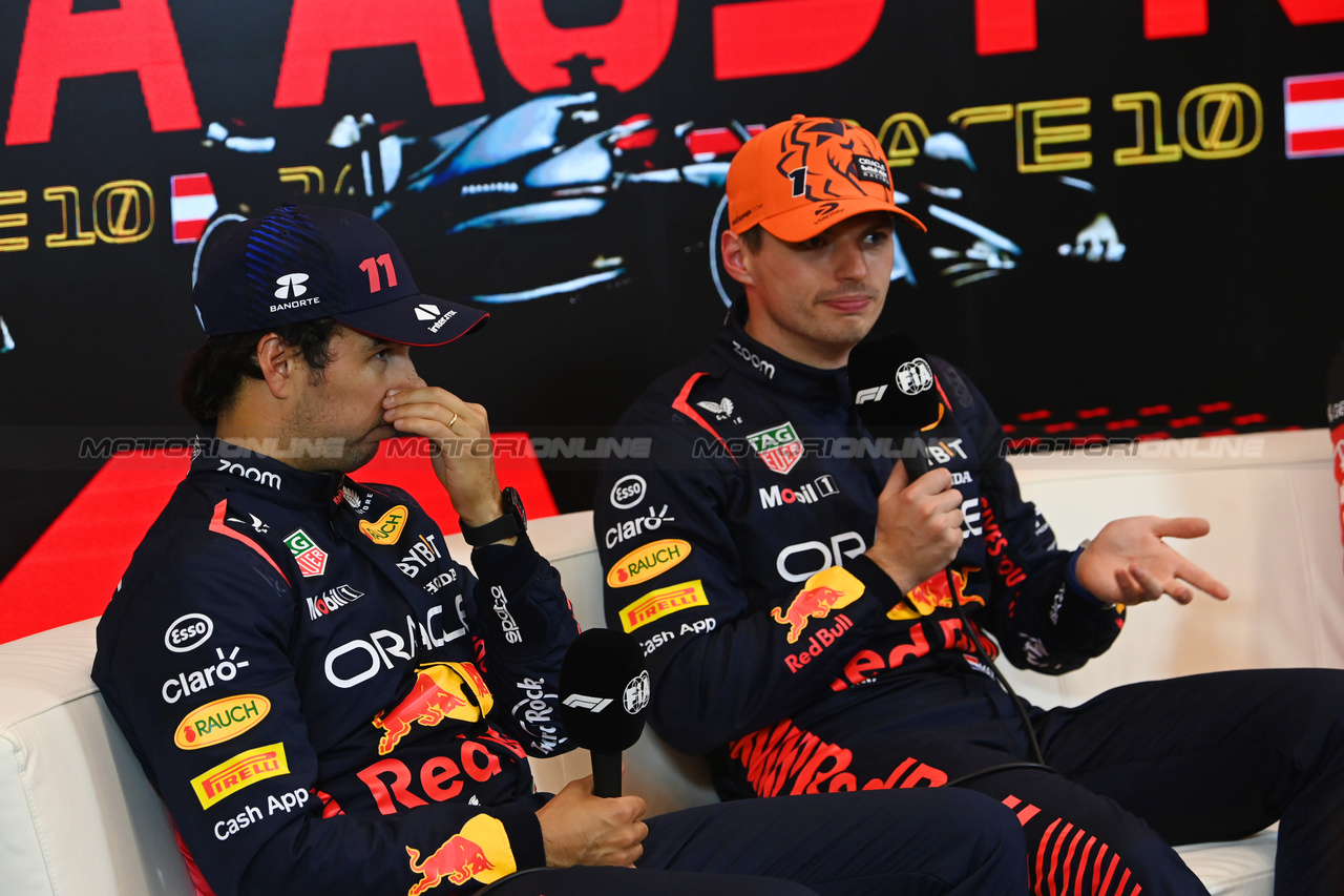 GP AUSTRIA, (L to R): Sergio Perez (MEX) Red Bull Racing e team mate Max Verstappen (NLD) Red Bull Racing in the post Sprint FIA Press Conference.

01.07.2023. Formula 1 World Championship, Rd 10, Austrian Grand Prix, Spielberg, Austria, Sprint Day.

- www.xpbimages.com, EMail: requests@xpbimages.com © Copyright: XPB Images