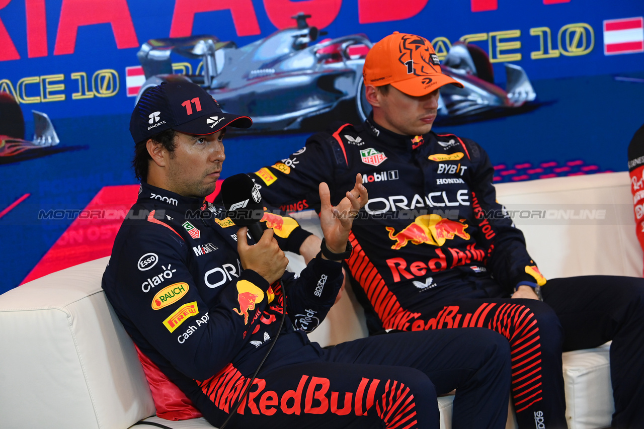 GP AUSTRIA, (L to R): Sergio Perez (MEX) Red Bull Racing e team mate Max Verstappen (NLD) Red Bull Racing in the post Sprint FIA Press Conference.

01.07.2023. Formula 1 World Championship, Rd 10, Austrian Grand Prix, Spielberg, Austria, Sprint Day.

- www.xpbimages.com, EMail: requests@xpbimages.com © Copyright: XPB Images