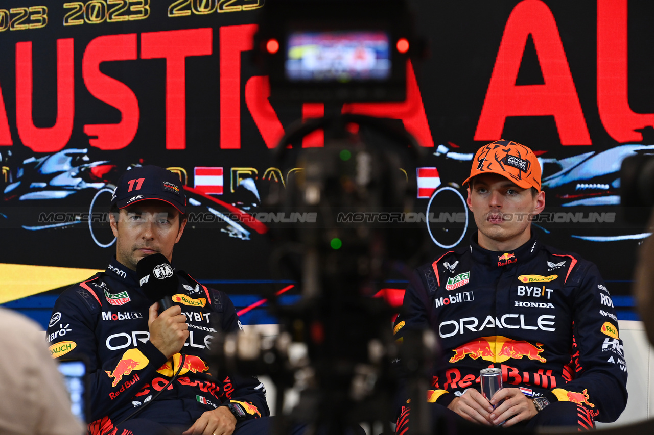 GP AUSTRIA, (L to R): Sergio Perez (MEX) Red Bull Racing e team mate Max Verstappen (NLD) Red Bull Racing in the post Sprint FIA Press Conference.

01.07.2023. Formula 1 World Championship, Rd 10, Austrian Grand Prix, Spielberg, Austria, Sprint Day.

- www.xpbimages.com, EMail: requests@xpbimages.com © Copyright: XPB Images