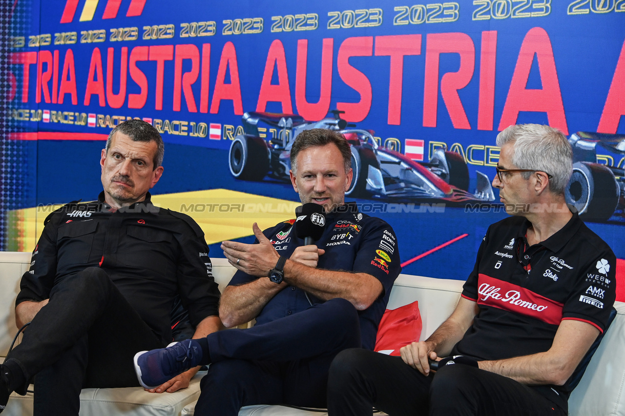 GP AUSTRIA, (L to R): Guenther Steiner (ITA) Haas F1 Team Prinicipal; Christian Horner (GBR) Red Bull Racing Team Principal; e Alessandro Alunni Bravi (ITA) Alfa Romeo F1 Team Managing Director e Team Representative, in the FIA Press Conference.

30.06.2023. Formula 1 World Championship, Rd 10, Austrian Grand Prix, Spielberg, Austria, Qualifiche Day.

- www.xpbimages.com, EMail: requests@xpbimages.com © Copyright: XPB Images