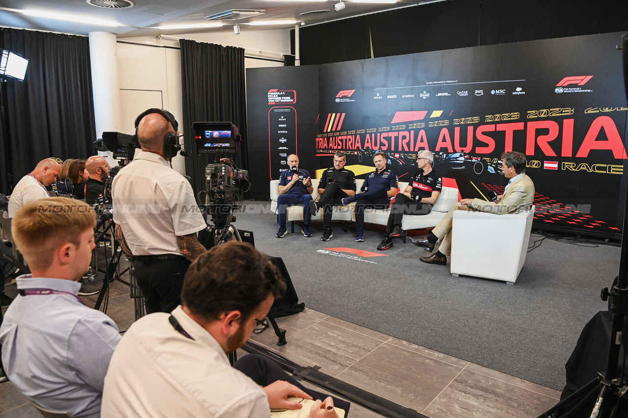GP AUSTRIA, (L to R): Franz Tost (AUT) AlphaTauri Team Principal; Guenther Steiner (ITA) Haas F1 Team Prinicipal; Christian Horner (GBR) Red Bull Racing Team Principal; e Alessandro Alunni Bravi (ITA) Alfa Romeo F1 Team Managing Director e Team Representative, in the FIA Press Conference.

30.06.2023. Formula 1 World Championship, Rd 10, Austrian Grand Prix, Spielberg, Austria, Qualifiche Day.

- www.xpbimages.com, EMail: requests@xpbimages.com © Copyright: XPB Images
