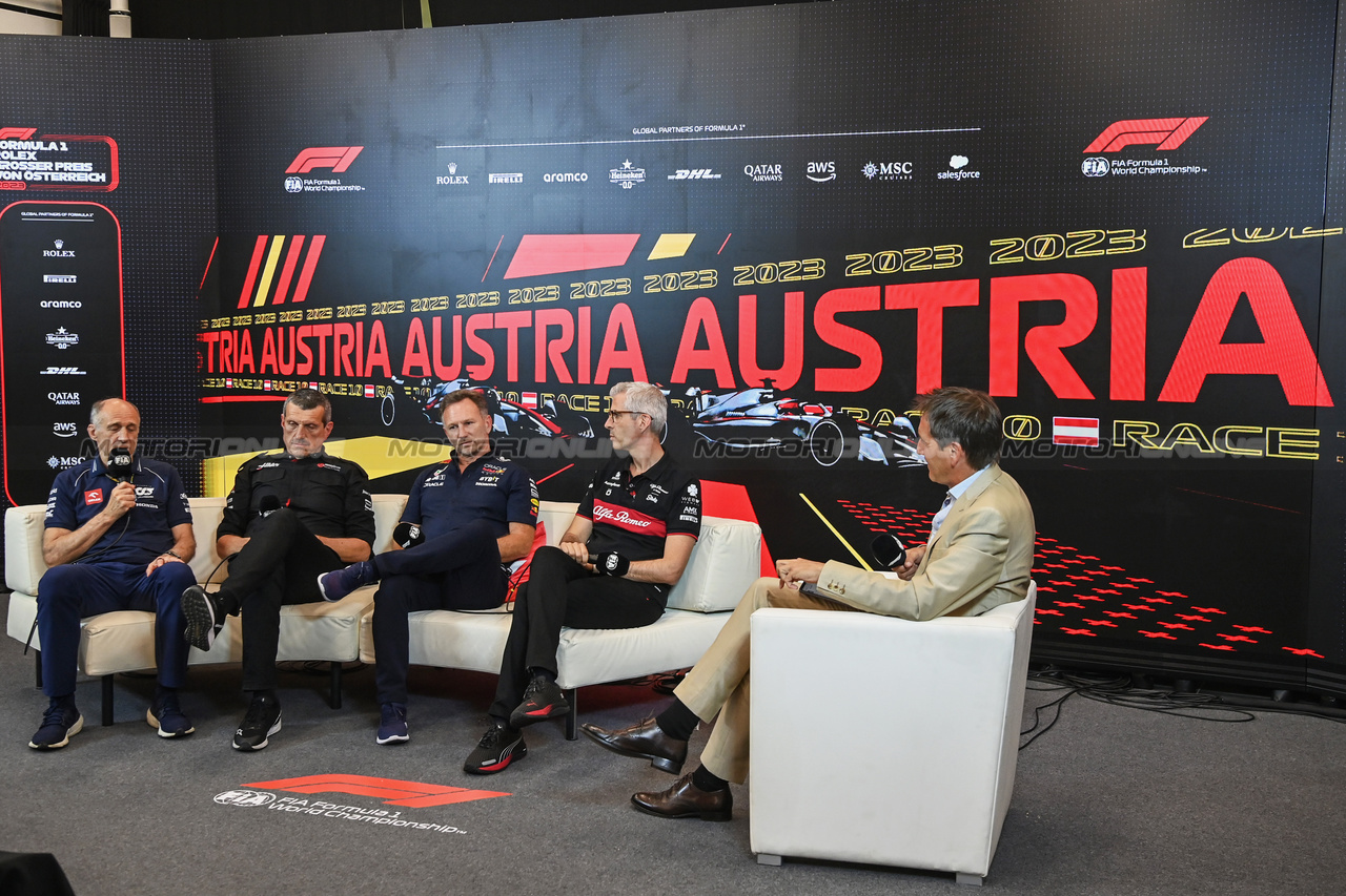 GP AUSTRIA, (L to R): Franz Tost (AUT) AlphaTauri Team Principal; Guenther Steiner (ITA) Haas F1 Team Prinicipal; Christian Horner (GBR) Red Bull Racing Team Principal; e Alessandro Alunni Bravi (ITA) Alfa Romeo F1 Team Managing Director e Team Representative, in the FIA Press Conference.

30.06.2023. Formula 1 World Championship, Rd 10, Austrian Grand Prix, Spielberg, Austria, Qualifiche Day.

- www.xpbimages.com, EMail: requests@xpbimages.com © Copyright: XPB Images
