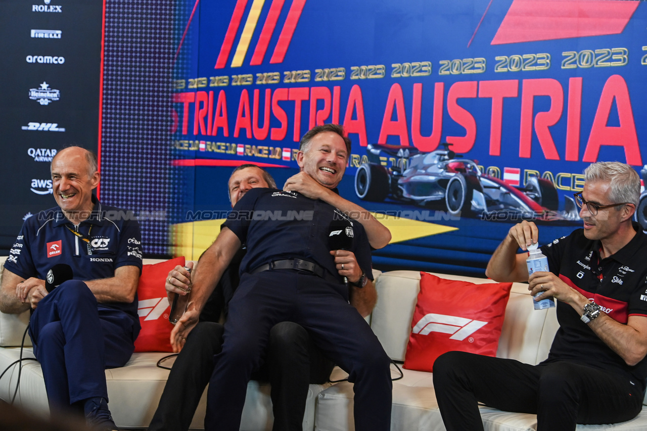 GP AUSTRIA, (L to R): Franz Tost (AUT) AlphaTauri Team Principal; Guenther Steiner (ITA) Haas F1 Team Prinicipal; Christian Horner (GBR) Red Bull Racing Team Principal; e Alessandro Alunni Bravi (ITA) Alfa Romeo F1 Team Managing Director e Team Representative, in the FIA Press Conference.

30.06.2023. Formula 1 World Championship, Rd 10, Austrian Grand Prix, Spielberg, Austria, Qualifiche Day.

- www.xpbimages.com, EMail: requests@xpbimages.com © Copyright: XPB Images