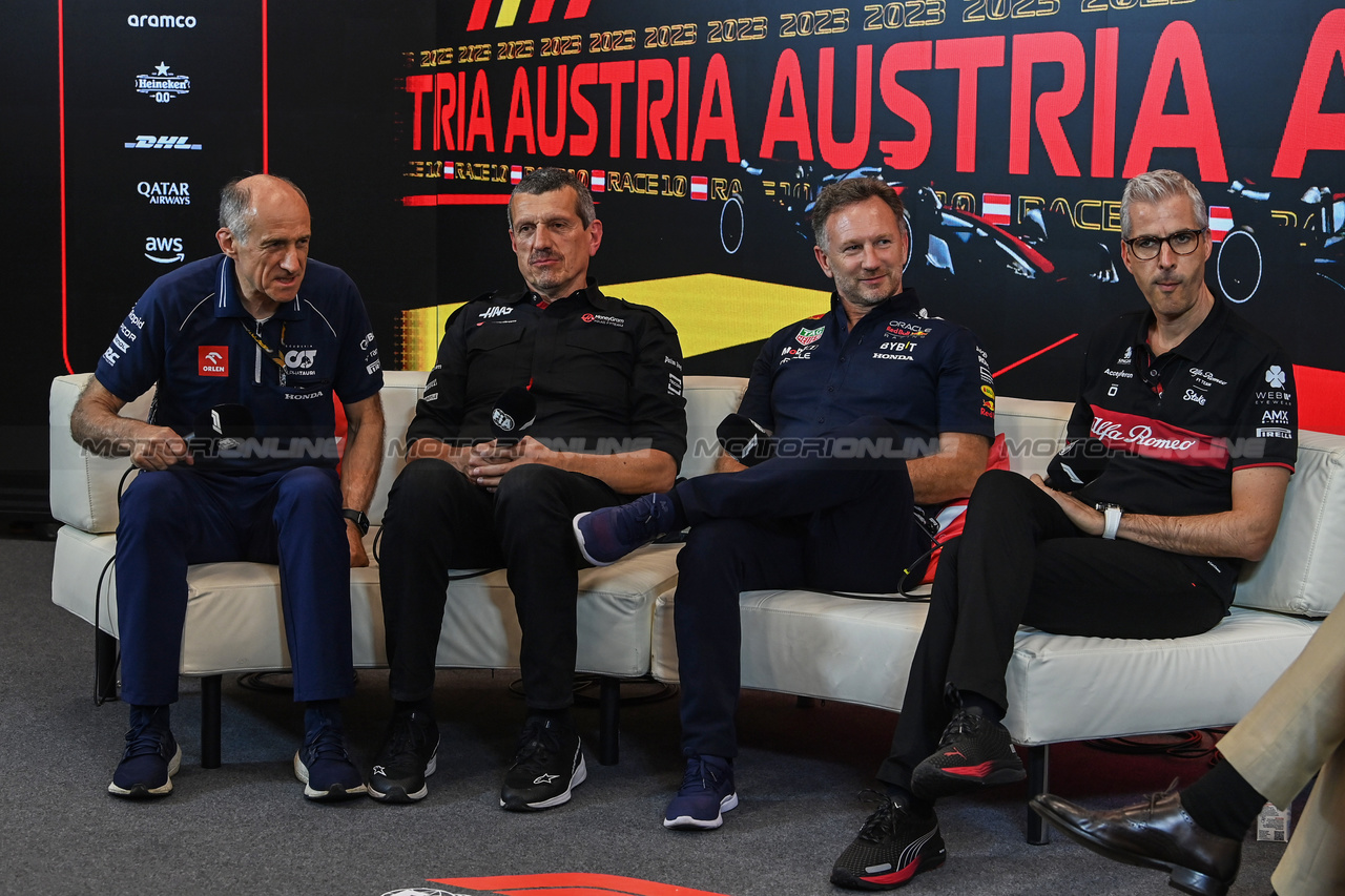 GP AUSTRIA, (L to R): Franz Tost (AUT) AlphaTauri Team Principal; Guenther Steiner (ITA) Haas F1 Team Prinicipal; Christian Horner (GBR) Red Bull Racing Team Principal; e Alessandro Alunni Bravi (ITA) Alfa Romeo F1 Team Managing Director e Team Representative, in the FIA Press Conference.

30.06.2023. Formula 1 World Championship, Rd 10, Austrian Grand Prix, Spielberg, Austria, Qualifiche Day.

- www.xpbimages.com, EMail: requests@xpbimages.com © Copyright: XPB Images