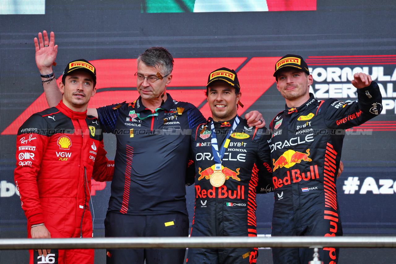 GP AZERBAIJAN, The podium (L to R): Charles Leclerc (MON) Ferrari, second; Sergio Perez (MEX) Red Bull Racing, vincitore; Max Verstappen (NLD) Red Bull Racing, third.

30.04.2023. Formula 1 World Championship, Rd 4, Azerbaijan Grand Prix, Baku Street Circuit, Azerbaijan, Gara Day.

- www.xpbimages.com, EMail: requests@xpbimages.com ¬© Copyright: Batchelor / XPB Images