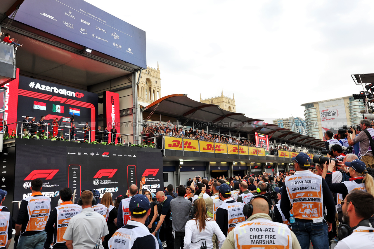 GP AZERBAIJAN, The podium (L to R): Charles Leclerc (MON) Ferrari, third; Sergio Perez (MEX) Red Bull Racing, vincitore; Max Verstappen (NLD) Red Bull Racing, second.

30.04.2023. Formula 1 World Championship, Rd 4, Azerbaijan Grand Prix, Baku Street Circuit, Azerbaijan, Gara Day.

- www.xpbimages.com, EMail: requests@xpbimages.com ¬© Copyright: Bearne / XPB Images