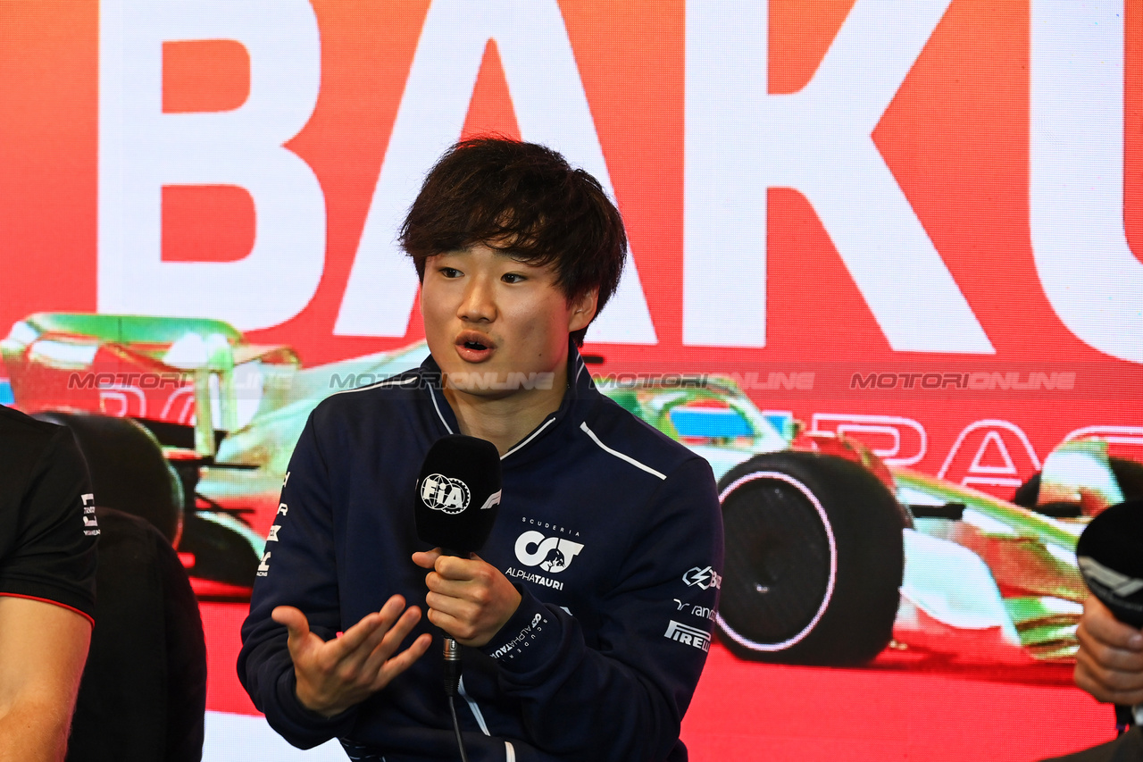 GP AZERBAIJAN, Yuki Tsunoda (JPN) AlphaTauri in the FIA Press Conference.

27.04.2023. Formula 1 World Championship, Rd 4, Azerbaijan Grand Prix, Baku Street Circuit, Azerbaijan, Preparation Day.

- www.xpbimages.com, EMail: requests@xpbimages.com ¬© Copyright: XPB Images