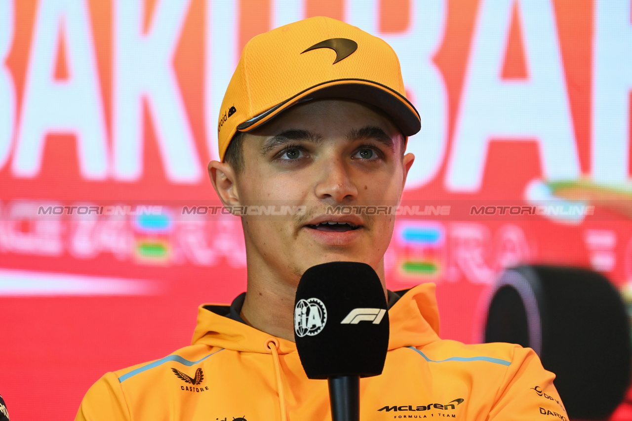 GP AZERBAIJAN, Lando Norris (GBR) McLaren in the FIA Press Conference.

27.04.2023. Formula 1 World Championship, Rd 4, Azerbaijan Grand Prix, Baku Street Circuit, Azerbaijan, Preparation Day.

- www.xpbimages.com, EMail: requests@xpbimages.com ¬© Copyright: XPB Images