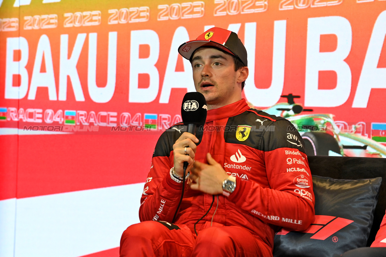 GP AZERBAIJAN, Charles Leclerc (MON) Ferrari, in the post Sprint race FIA Press Conference.

29.04.2023. Formula 1 World Championship, Rd 4, Azerbaijan Grand Prix, Baku Street Circuit, Azerbaijan, Sprint Day.

- www.xpbimages.com, EMail: requests@xpbimages.com ¬© Copyright: XPB Images