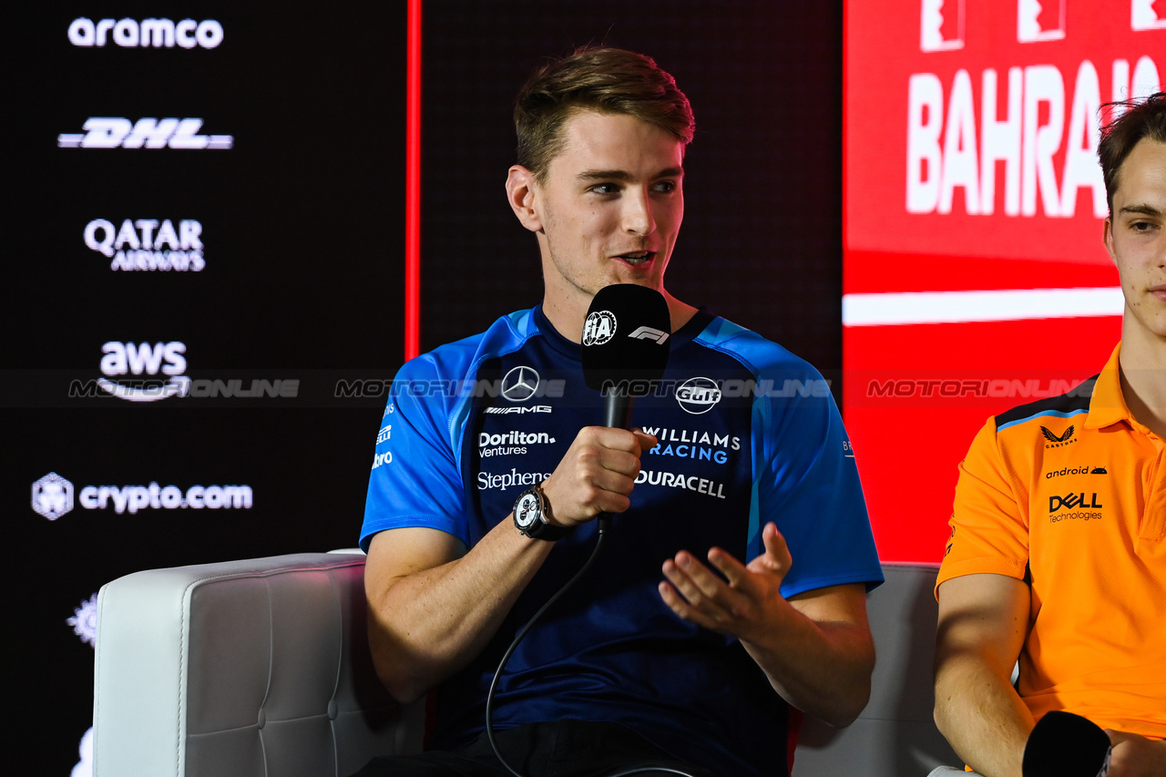 GP BAHRAIN, Logan Sargeant (USA) Williams Racing in the FIA Press Conference.

02.03.2023. Formula 1 World Championship, Rd 1, Bahrain Grand Prix, Sakhir, Bahrain, Preparation Day.

- www.xpbimages.com, EMail: requests@xpbimages.com © Copyright: XPB Images