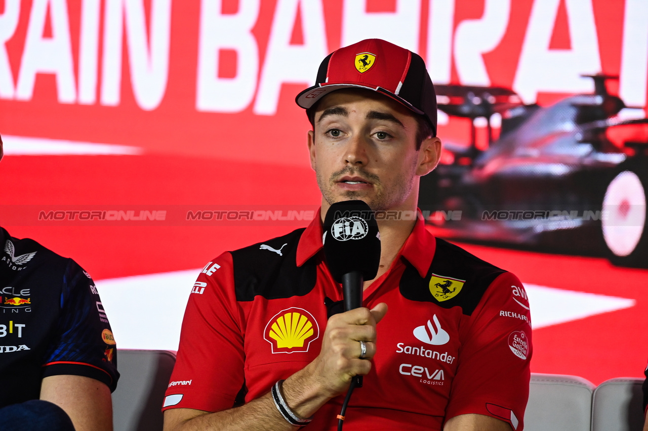 GP BAHRAIN, Charles Leclerc (MON) Ferrari in the FIA Press Conference.

02.03.2023. Formula 1 World Championship, Rd 1, Bahrain Grand Prix, Sakhir, Bahrain, Preparation Day.

- www.xpbimages.com, EMail: requests@xpbimages.com © Copyright: XPB Images
