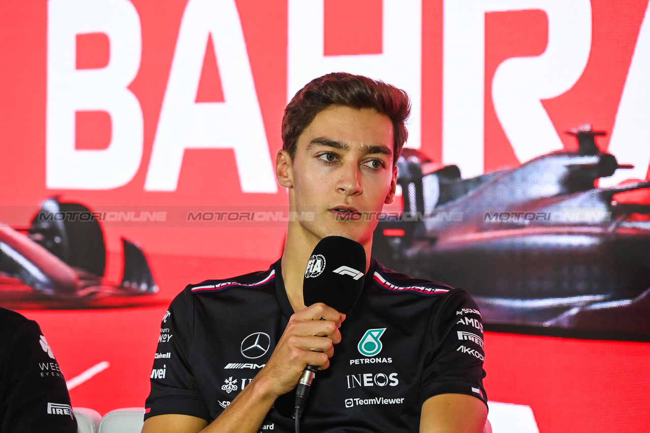 GP BAHRAIN, George Russell (GBR) Mercedes AMG F1 in the FIA Press Conference.

02.03.2023. Formula 1 World Championship, Rd 1, Bahrain Grand Prix, Sakhir, Bahrain, Preparation Day.

- www.xpbimages.com, EMail: requests@xpbimages.com © Copyright: XPB Images