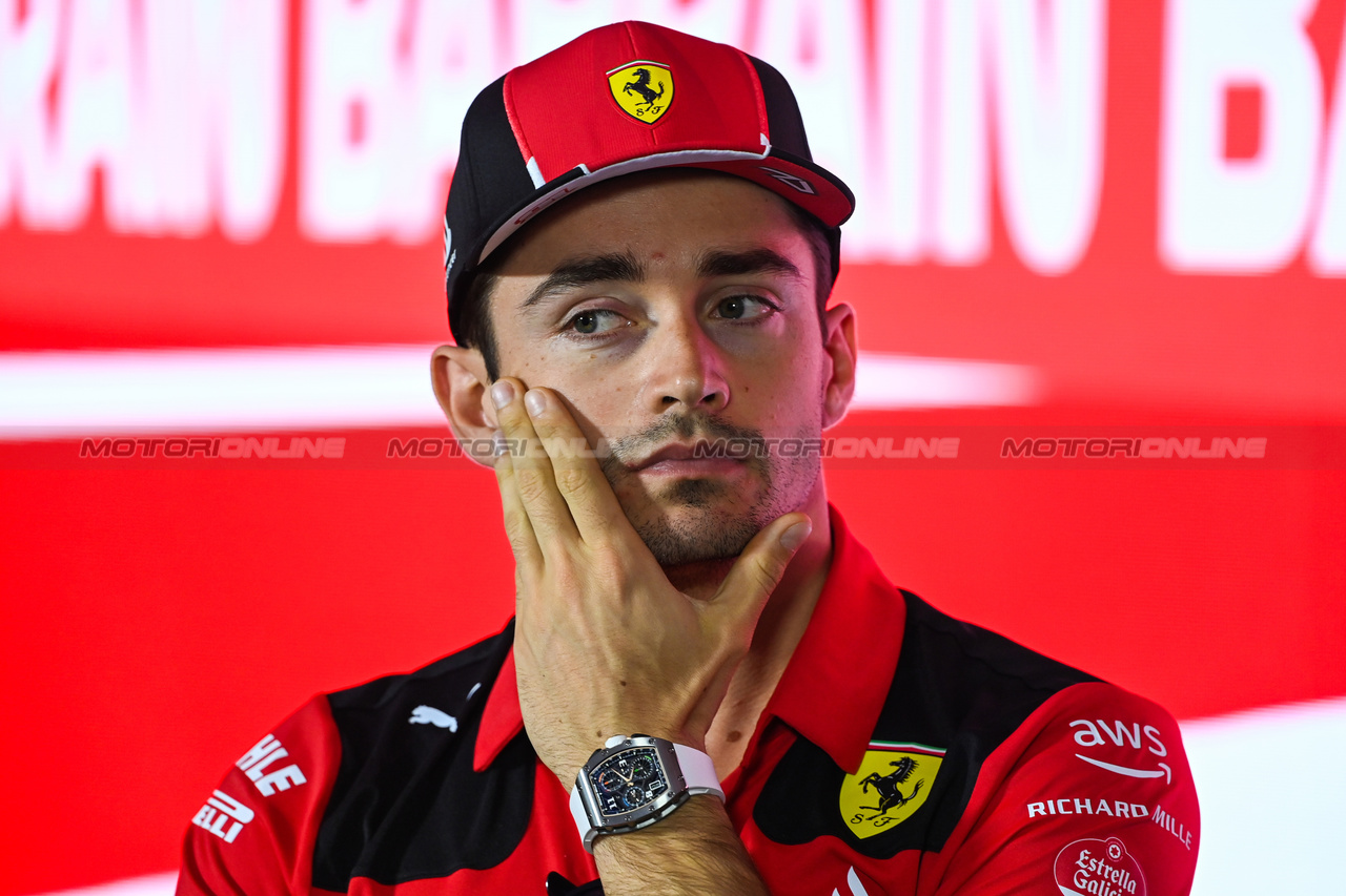 GP BAHRAIN, Charles Leclerc (MON) Ferrari in the FIA Press Conference.

02.03.2023. Formula 1 World Championship, Rd 1, Bahrain Grand Prix, Sakhir, Bahrain, Preparation Day.

- www.xpbimages.com, EMail: requests@xpbimages.com © Copyright: XPB Images