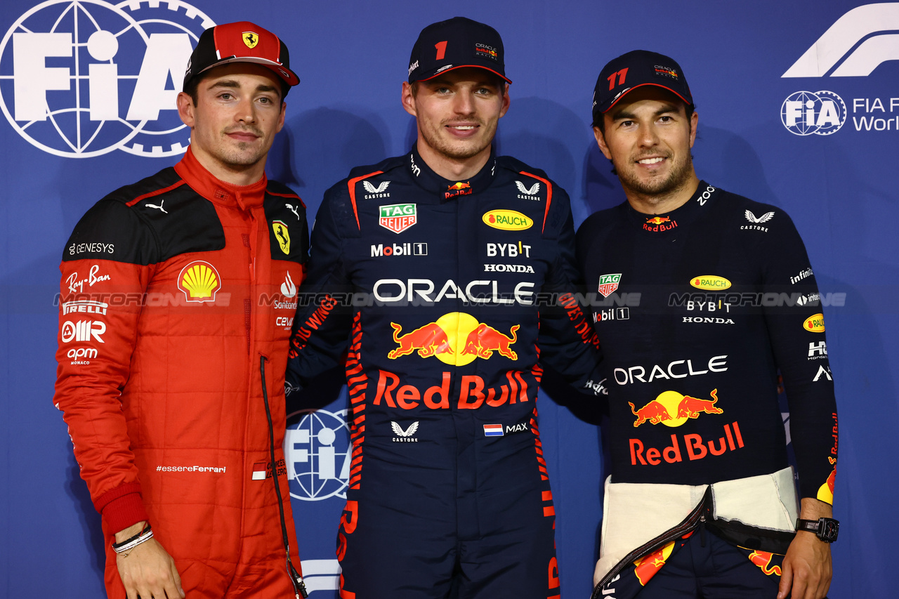 GP BAHRAIN, Pole Position for Max Verstappen (NLD) Red Bull Racing RB19, 2nd for Sergio Perez (MEX) Red Bull Racing e 3rd for Charles Leclerc (MON) Ferrari.
04.03.2023. Formula 1 World Championship, Rd 1, Bahrain Grand Prix, Sakhir, Bahrain, Qualifiche Day.
- www.xpbimages.com, EMail: requests@xpbimages.com © Copyright: Batchelor / XPB Images