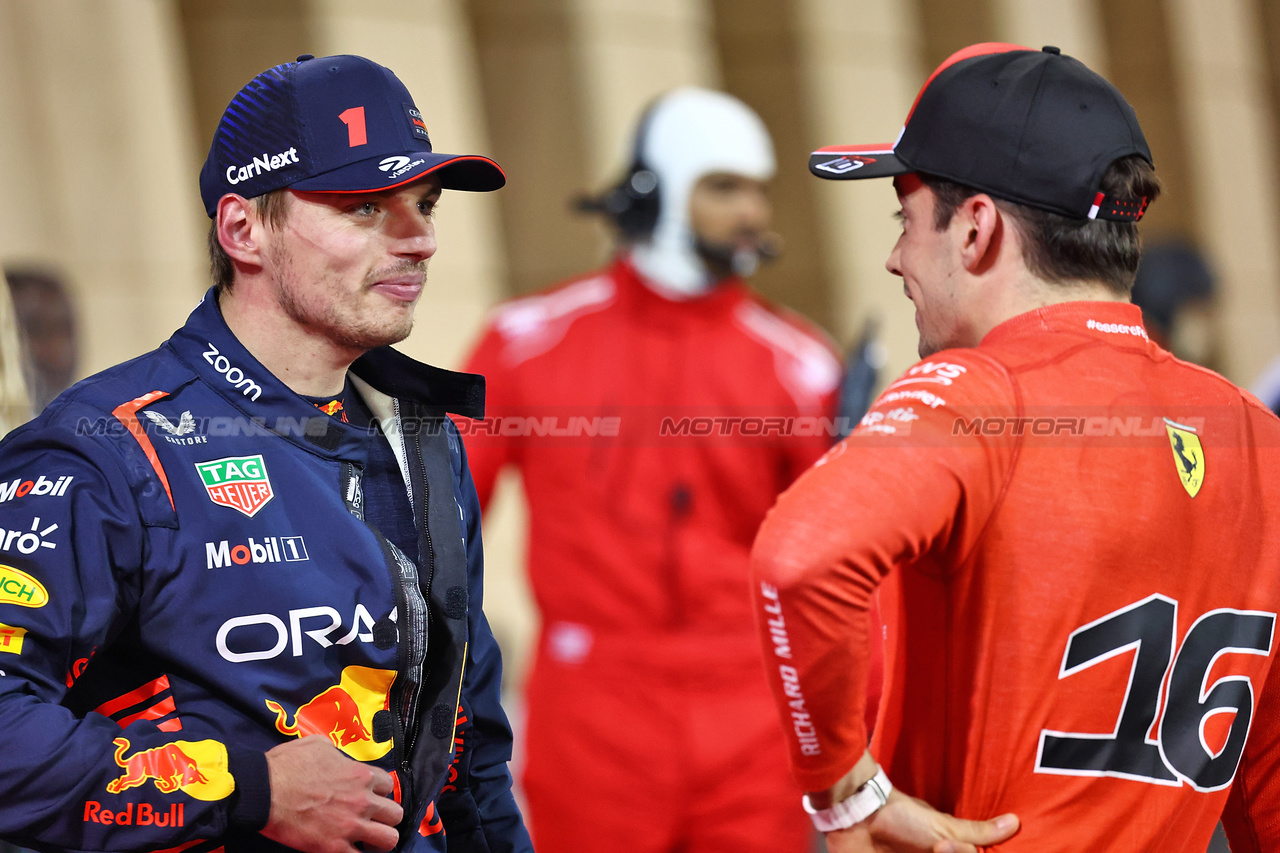 GP BAHRAIN, (L to R): Max Verstappen (NLD) Red Bull Racing in qualifying parc ferme with Charles Leclerc (MON) Ferrari.

04.03.2023. Formula 1 World Championship, Rd 1, Bahrain Grand Prix, Sakhir, Bahrain, Qualifiche Day.

- www.xpbimages.com, EMail: requests@xpbimages.com © Copyright: Batchelor / XPB Images