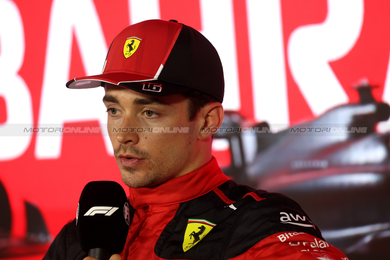 GP BAHRAIN, Charles Leclerc (MON) Ferrari in the post qualifying FIA Press Conference.

04.03.2023. Formula 1 World Championship, Rd 1, Bahrain Grand Prix, Sakhir, Bahrain, Qualifiche Day.

- www.xpbimages.com, EMail: requests@xpbimages.com © Copyright: XPB Images