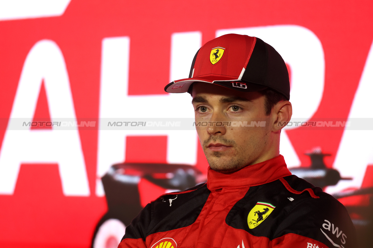 GP BAHRAIN, Charles Leclerc (MON) Ferrari in the post qualifying FIA Press Conference.

04.03.2023. Formula 1 World Championship, Rd 1, Bahrain Grand Prix, Sakhir, Bahrain, Qualifiche Day.

- www.xpbimages.com, EMail: requests@xpbimages.com © Copyright: XPB Images