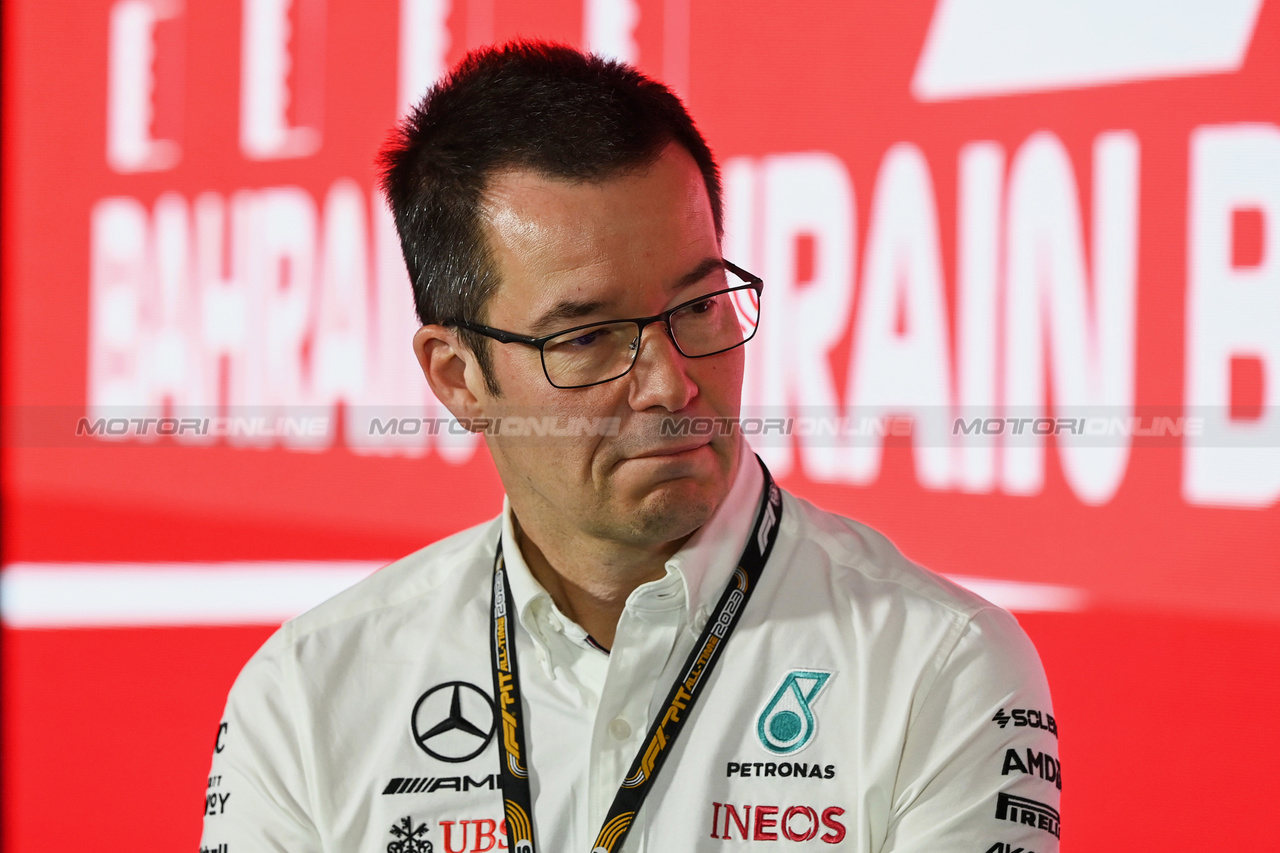GP BAHRAIN, Mike Elliot (GBR) Mercedes AMG F1 Technology Director in the FIA Press Conference.

03.03.2023. Formula 1 World Championship, Rd 1, Bahrain Grand Prix, Sakhir, Bahrain, Practice Day

- www.xpbimages.com, EMail: requests@xpbimages.com © Copyright: XPB Images