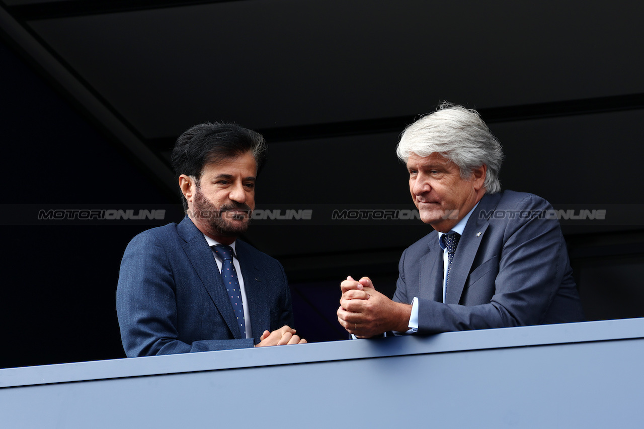 GP BELGIO, (L to R): Mohammed Bin Sulayem (UAE) FIA President with Jorge Viegas (ESP) FIM President.
30.07.2023. Formula 1 World Championship, Rd 13, Belgian Grand Prix, Spa Francorchamps, Belgium, Gara Day.
- www.xpbimages.com, EMail: requests@xpbimages.com © Copyright: Moy / XPB Images