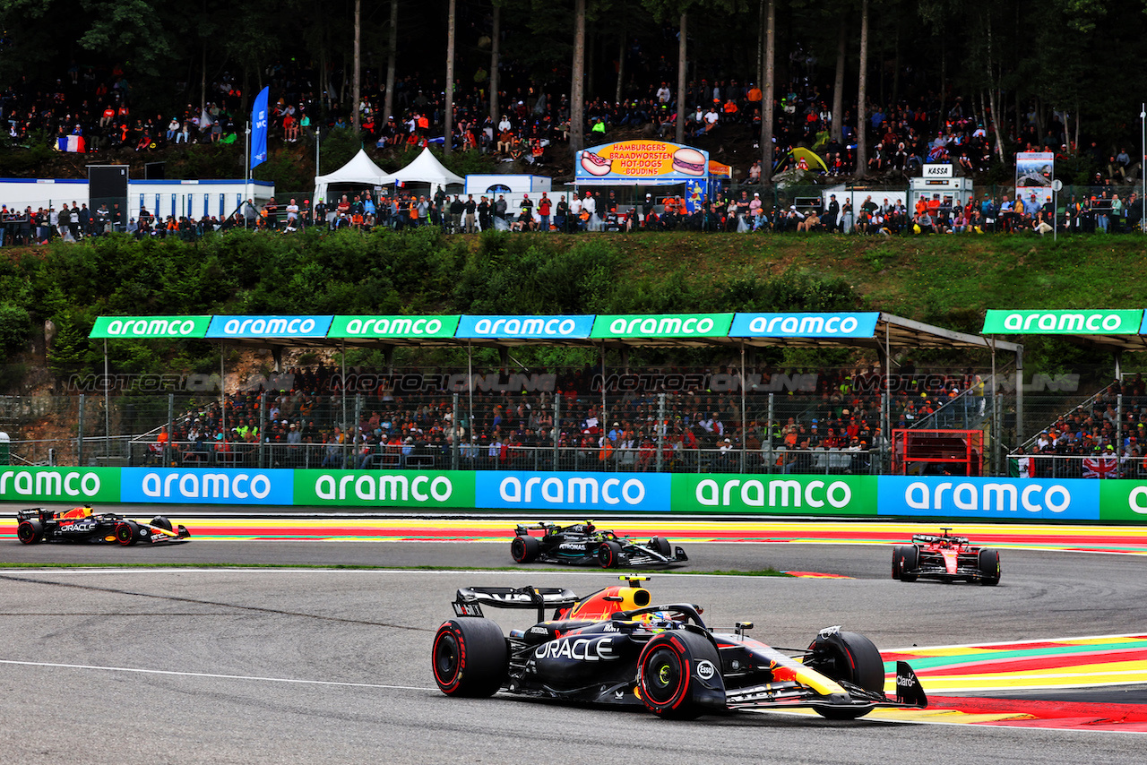 GP BELGIO, Sergio Perez (MEX) Red Bull Racing RB19.
30.07.2023. Formula 1 World Championship, Rd 13, Belgian Grand Prix, Spa Francorchamps, Belgium, Gara Day.
- www.xpbimages.com, EMail: requests@xpbimages.com © Copyright: Batchelor / XPB Images