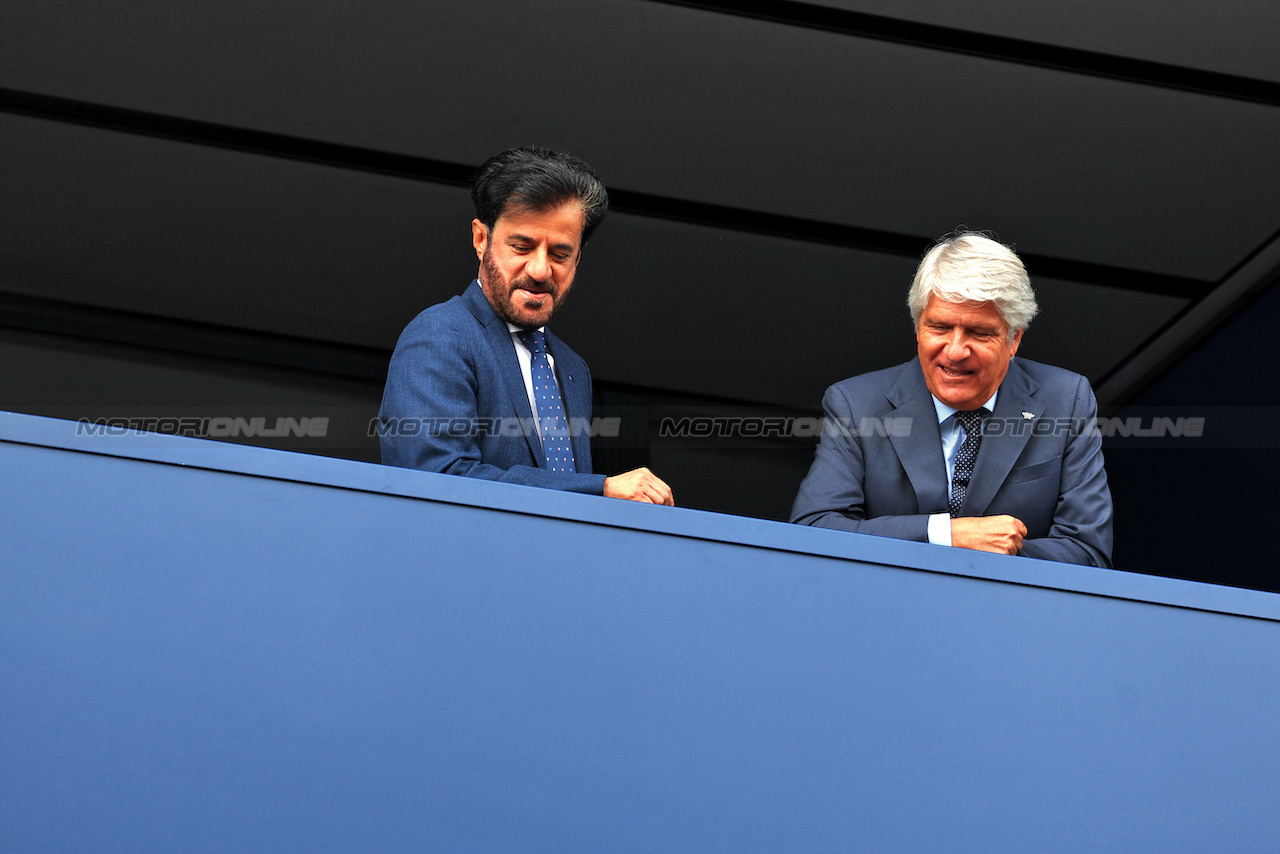 GP BELGIO, (L to R): Mohammed Bin Sulayem (UAE) FIA President with Jorge Viegas (ESP) FIM President.
30.07.2023. Formula 1 World Championship, Rd 13, Belgian Grand Prix, Spa Francorchamps, Belgium, Gara Day.
 - www.xpbimages.com, EMail: requests@xpbimages.com © Copyright: Rew / XPB Images