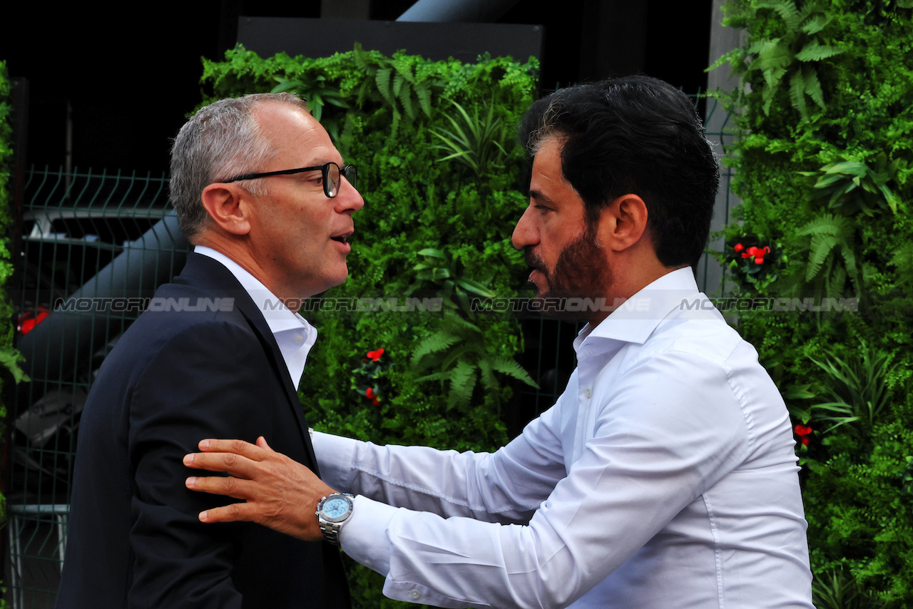 GP BELGIO, (L to R): Stefano Domenicali (ITA) Formula One President e CEO with Mohammed Bin Sulayem (UAE) FIA President.
30.07.2023. Formula 1 World Championship, Rd 13, Belgian Grand Prix, Spa Francorchamps, Belgium, Gara Day.
- www.xpbimages.com, EMail: requests@xpbimages.com © Copyright: Moy / XPB Images