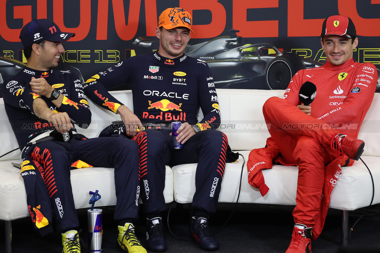 GP BELGIO, (L to R): Sergio Perez (MEX) Red Bull Racing; Max Verstappen (NLD) Red Bull Racing; e Charles Leclerc (MON) Ferrari, in the post race FIA Press Conference.
30.07.2023. Formula 1 World Championship, Rd 13, Belgian Grand Prix, Spa Francorchamps, Belgium, Gara Day.
- www.xpbimages.com, EMail: requests@xpbimages.com © Copyright: Bearne / XPB Images