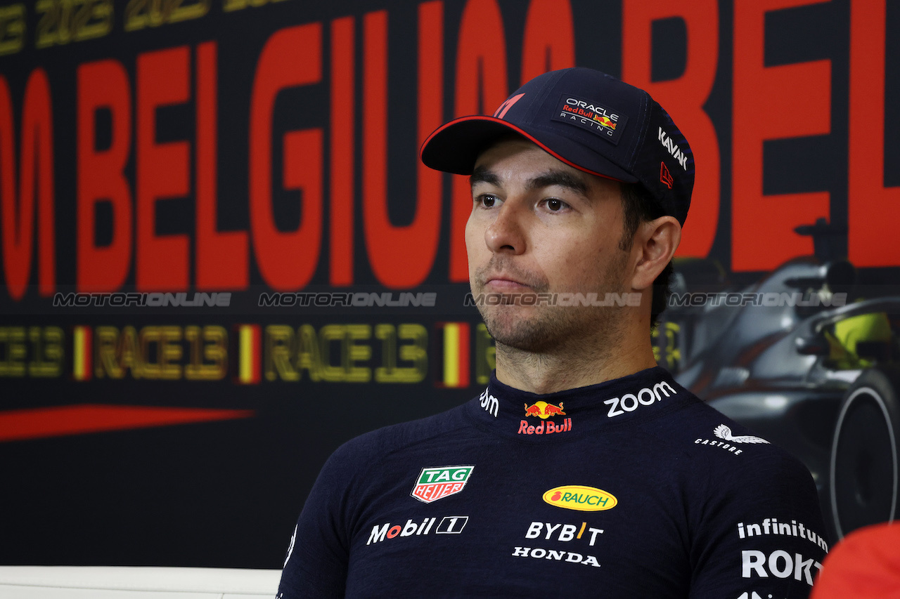 GP BELGIO, Sergio Perez (MEX) Red Bull Racing in the post race FIA Press Conference.
30.07.2023. Formula 1 World Championship, Rd 13, Belgian Grand Prix, Spa Francorchamps, Belgium, Gara Day.
- www.xpbimages.com, EMail: requests@xpbimages.com © Copyright: Bearne / XPB Images
