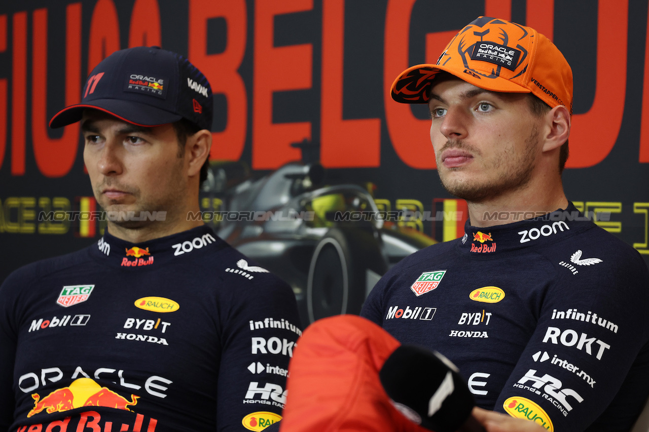 GP BELGIO, (L to R): Sergio Perez (MEX) Red Bull Racing e Max Verstappen (NLD) Red Bull Racing in the post race FIA Press Conference.
30.07.2023. Formula 1 World Championship, Rd 13, Belgian Grand Prix, Spa Francorchamps, Belgium, Gara Day.
- www.xpbimages.com, EMail: requests@xpbimages.com © Copyright: Bearne / XPB Images