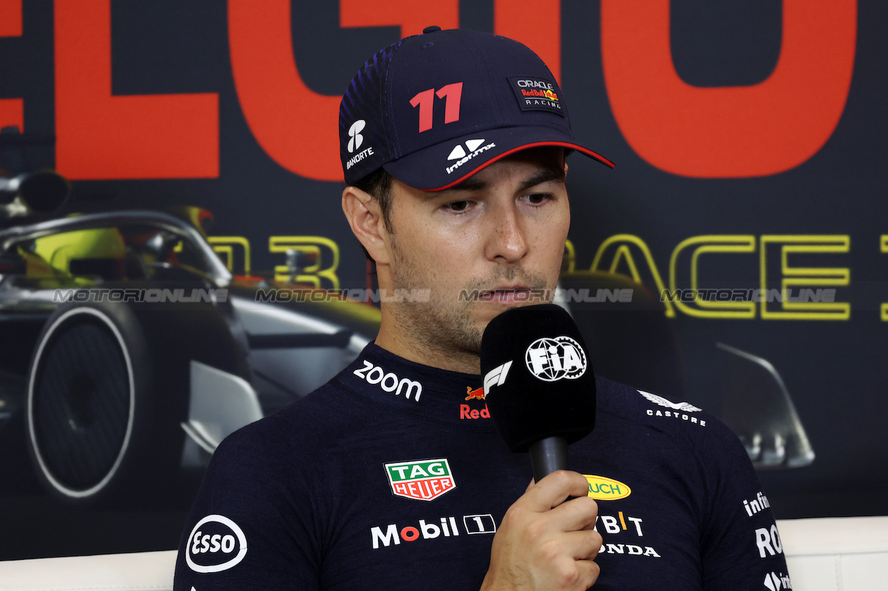 GP BELGIO, Sergio Perez (MEX) Red Bull Racing in the post race FIA Press Conference.
30.07.2023. Formula 1 World Championship, Rd 13, Belgian Grand Prix, Spa Francorchamps, Belgium, Gara Day.
- www.xpbimages.com, EMail: requests@xpbimages.com © Copyright: Bearne / XPB Images