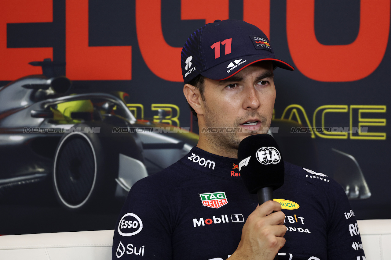 GP BELGIO, Sergio Perez (MEX) Red Bull Racing in the post race FIA Press Conference.
30.07.2023. Formula 1 World Championship, Rd 13, Belgian Grand Prix, Spa Francorchamps, Belgium, Gara Day.
- www.xpbimages.com, EMail: requests@xpbimages.com © Copyright: Bearne / XPB Images