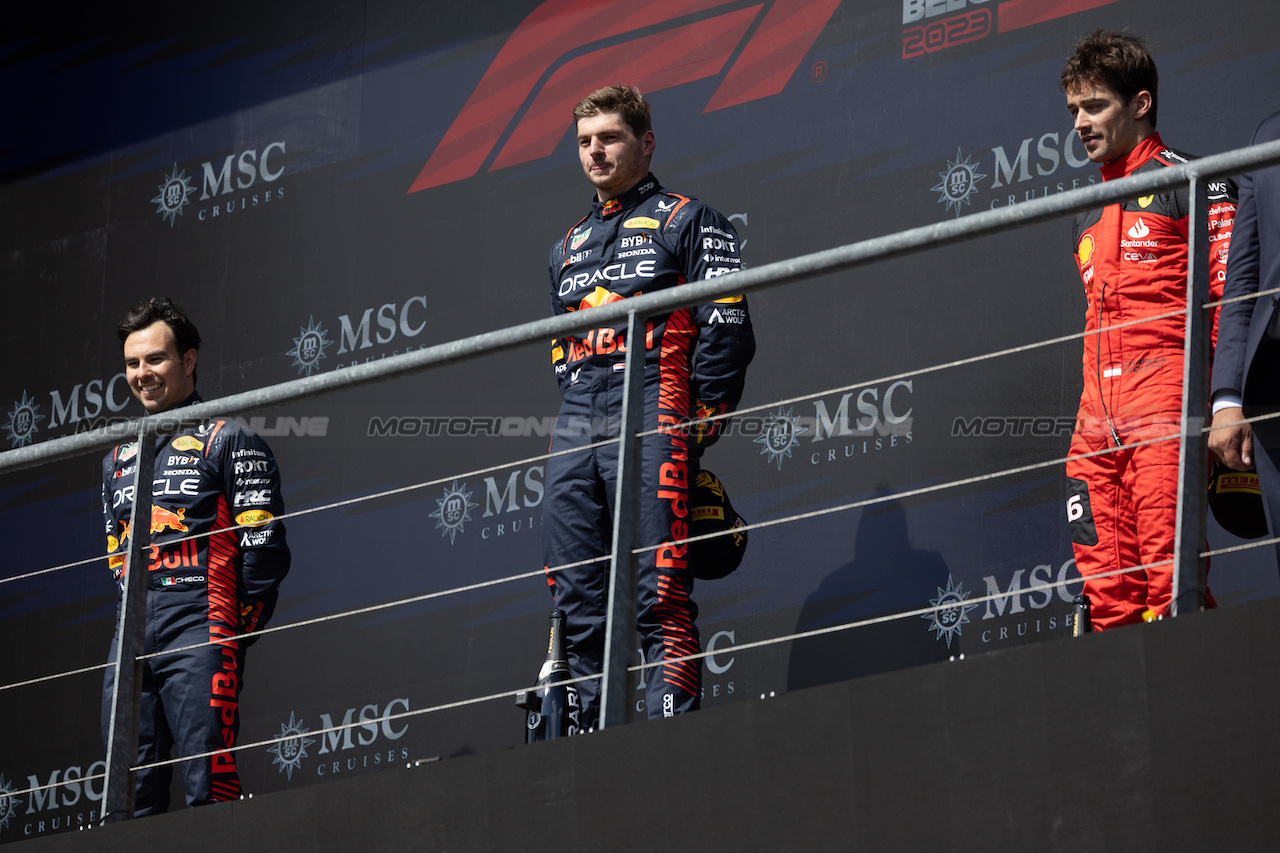 GP BELGIO, The podium (L to R): Sergio Perez (MEX) Red Bull Racing, second; Max Verstappen (NLD) Red Bull Racing, vincitore; Charles Leclerc (MON) Ferrari, third.
30.07.2023. Formula 1 World Championship, Rd 13, Belgian Grand Prix, Spa Francorchamps, Belgium, Gara Day.
 - www.xpbimages.com, EMail: requests@xpbimages.com © Copyright: Rew / XPB Images