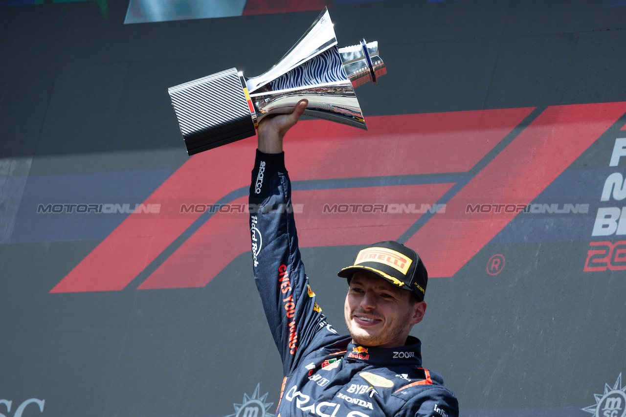 GP BELGIO, Gara winner Max Verstappen (NLD) Red Bull Racing celebrates on the podium.
30.07.2023. Formula 1 World Championship, Rd 13, Belgian Grand Prix, Spa Francorchamps, Belgium, Gara Day.
 - www.xpbimages.com, EMail: requests@xpbimages.com © Copyright: Rew / XPB Images